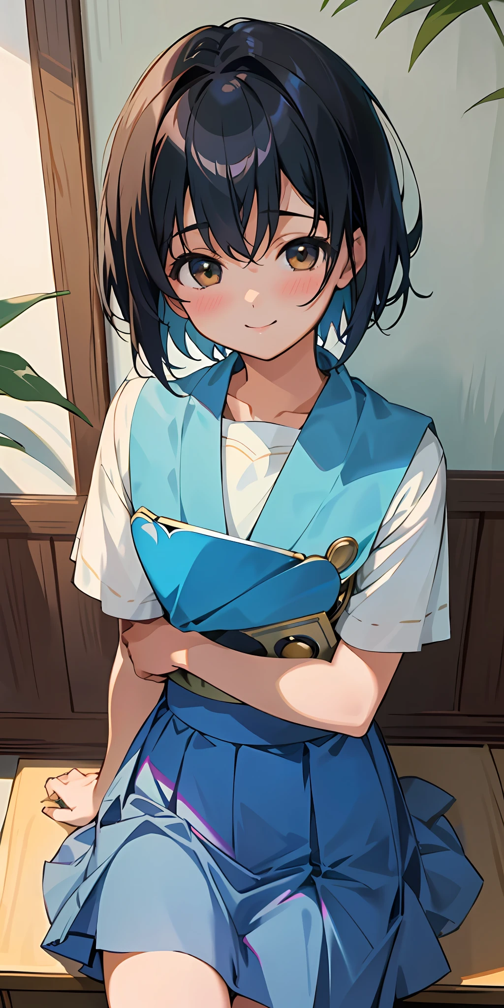 One beautiful and delicate portrait of a girl with a soft and peaceful look, looking at the viewer, uniform, sitting, cowboy shot, smiling, blue skirt, indoor, (top quality, masterpiece, hyperrealism), Takamichi style, Kai heart love of STU48, short hair like a boy, black hair.