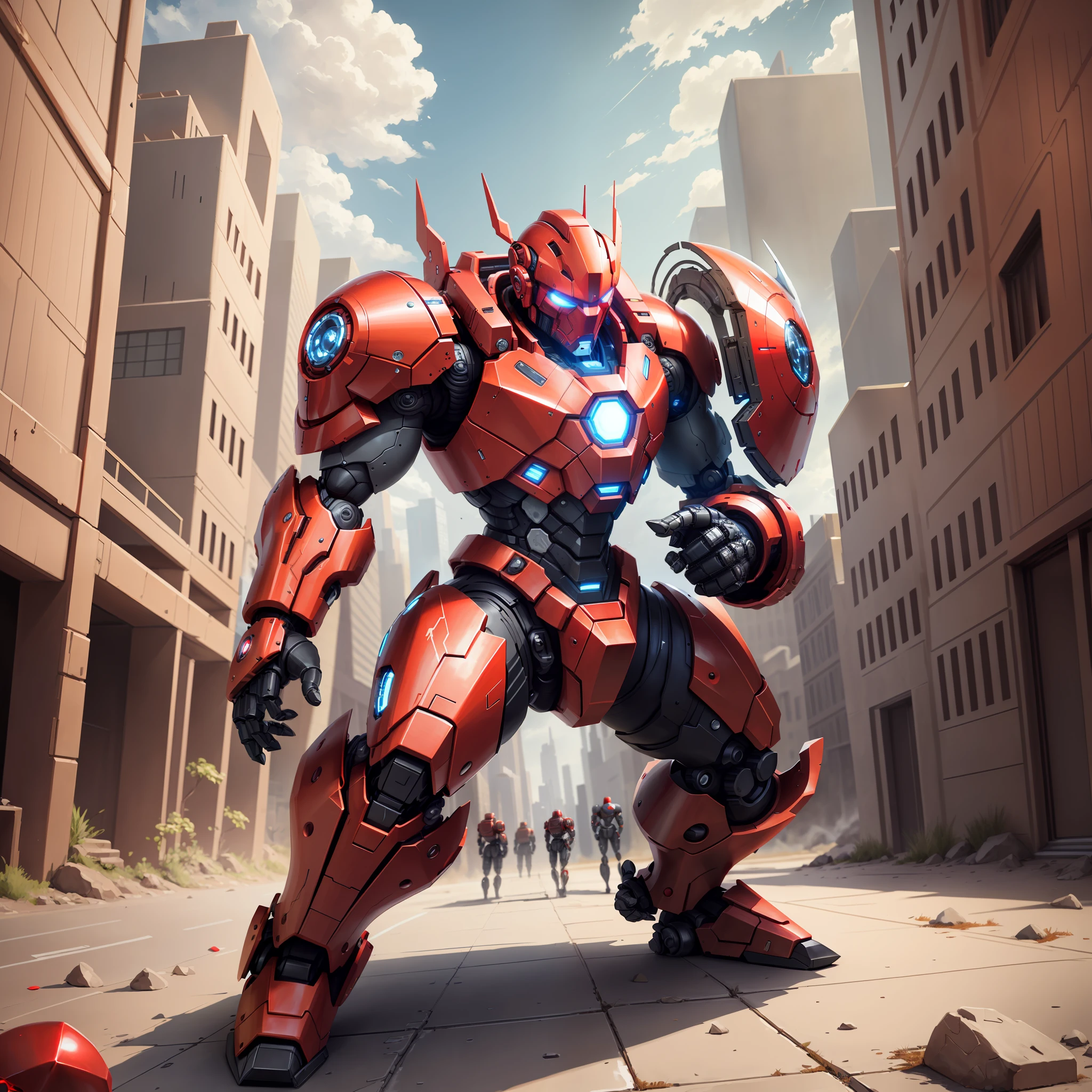 Futuristic robotic shield, red with gold details. Used to defend yourself.