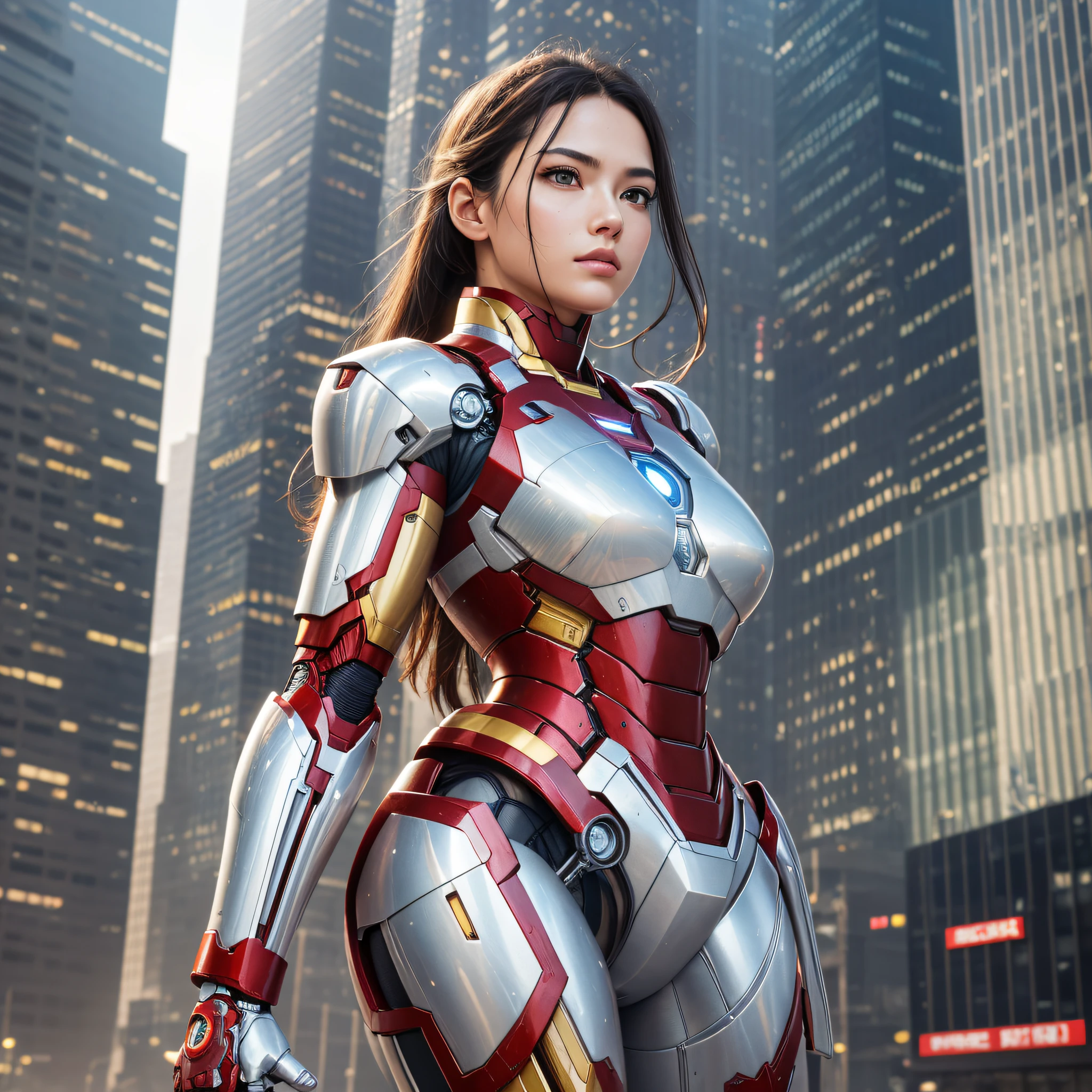 RAW, Masterpiece, Super Fine Photo, Best Quality, Ultra High Resolution, Photorealistic Photorealism, Sunlight, Full Body Portrait, Amazing Beauty, Dynamic Pose, Delicate Face, Vibrant Eyes, (From the Side), She Wears Iron Man Mecha, Very Detailed Background, Detailed Face, Detailed Complex Busy Background, Messy, Gorgeous, Milky White, Highly Detailed Skin, Realistic Skin Details, Visible Pores, Sharp Focus, Tall Posture, Volume Fog, 8K UHD, DSLR Camera, High Quality , film grains, fair skin, photorealism, lomography, sprawling metropolis in a futuristic dystopia, seen from below, translucent --auto --s2