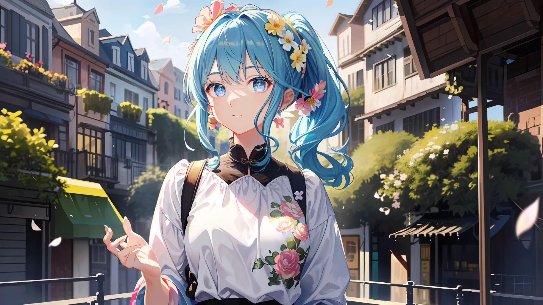 (masterpiece), (best quality), (ultra detailed),(disheveled hair),(illustration), (1girl), (Fashionable clothing), standing, Fashion model, looking at viewer, (interview), (simple background),beautiful detailed eyes, delicate beautiful face, Floating,(high saturation),(colorful splashes),colorful bubble,(shining), focus on face, ponytail, kamisato ayaka, light blue hair, bangs, hair ring, floating flowers, floating hairs, (shining), best lighting, best shadow,