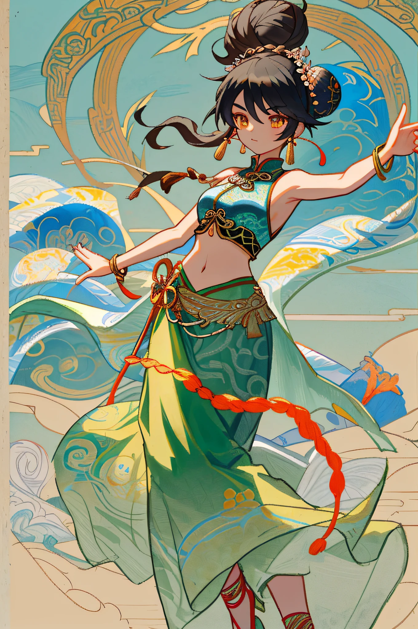 An ancient Chinese beauty stands and dances on the water, gorgeous costumes embroidered with intricate embroidery, flowing tulle, transparent long colorful ribbons tied on the arms, inspired by Dunhuang Flying Apsaras murals, showing navel, bare shoulders, bare neck, Black curly hair in a high bun with flower hairpins, ribbons on arm rings, wreaths, bracelets, anklets, metal chain tassels on the waist, Mogao Grottoes art, ink painting, cgstation pop