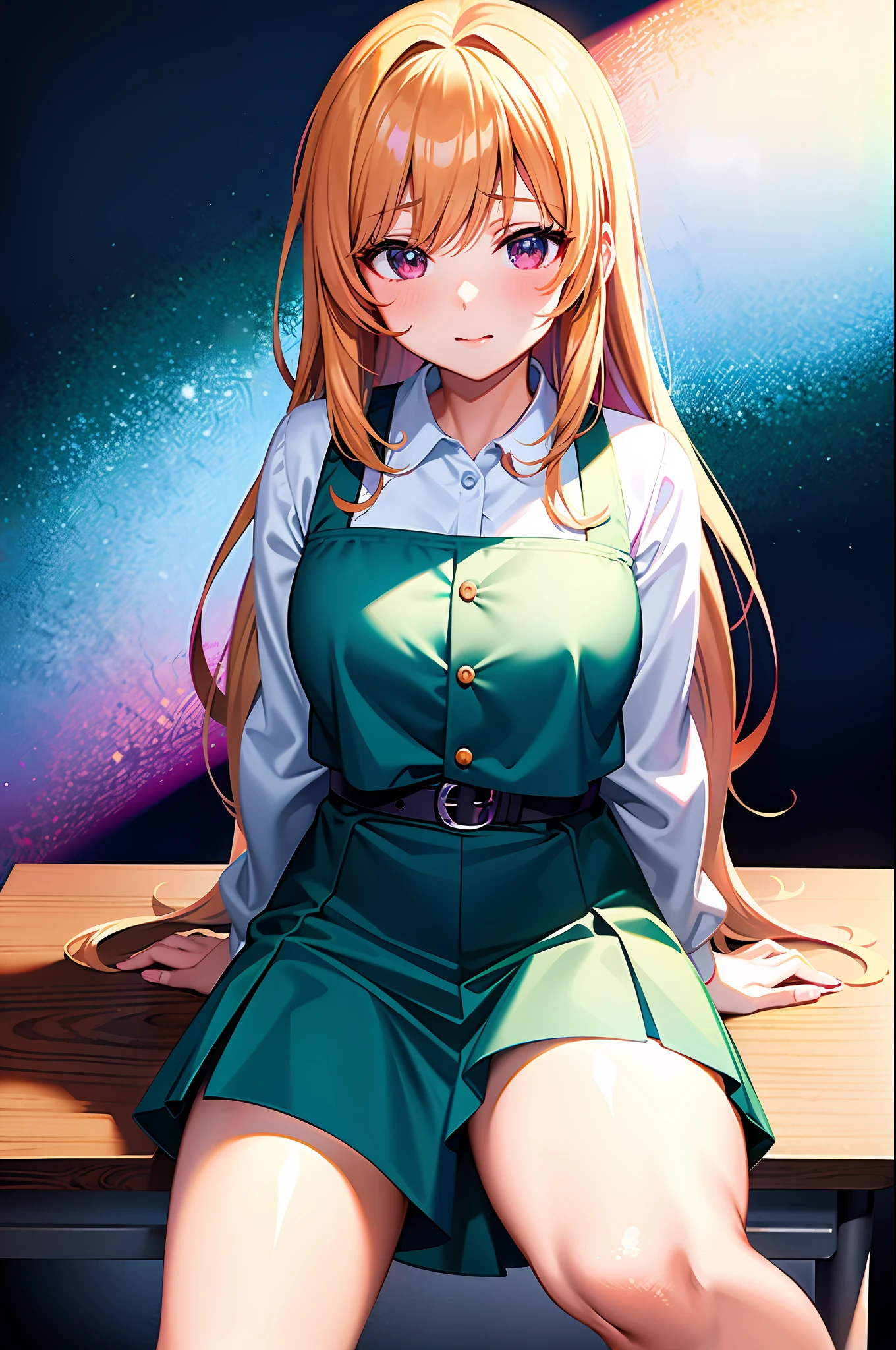 anime girl sitting on a desk in a classroom with a rainbow background, smooth anime cg art, beautiful anime high school girl, anime visual of a cute girl, cute anime girl, beautiful anime girl, pretty anime girl, anime moe artstyle, seductive anime girl, soft anime illustration, a hyperrealistic schoolgirl, kawaii realistic portrait, anime style 4 k