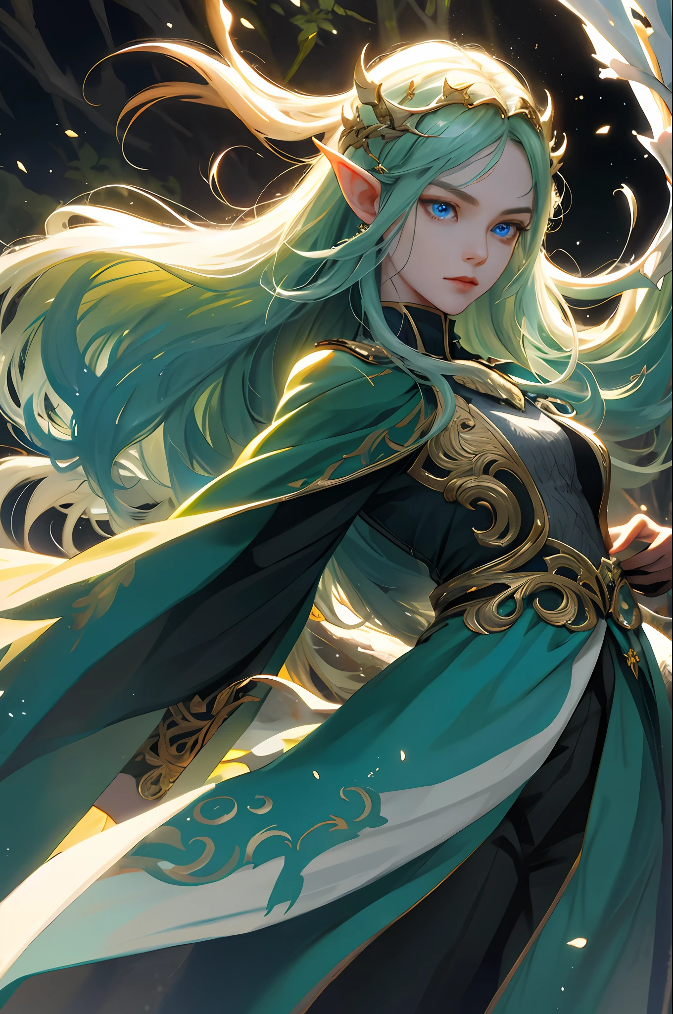 (absurd, high resolution, super detail), elf, pretty face, 1 woman, , straight long hair, beautiful golden hair, hair fluttering in the wind, blue eyes, bangs, detailed eyes and detailed face, highly detailed CG unified 8k wallpaper, intricate details, (Style - Swirl Magic: 1.0), watch viewer, solo, detailed background, full body, detailed face, (Gothic Dark Age theme: 1.5), helmet, Small white armor, dynamic pose, forest-themed clothes, glowing magic fragments, deep forest, illuminated by flames, night, dark, figure floating in flame lighting, magic floating particles, magnificent ethereal atmosphere, updraft, portrait, blurry background, serious gaze, war, wind magic, war, powerful movement, wind magic, green base color,