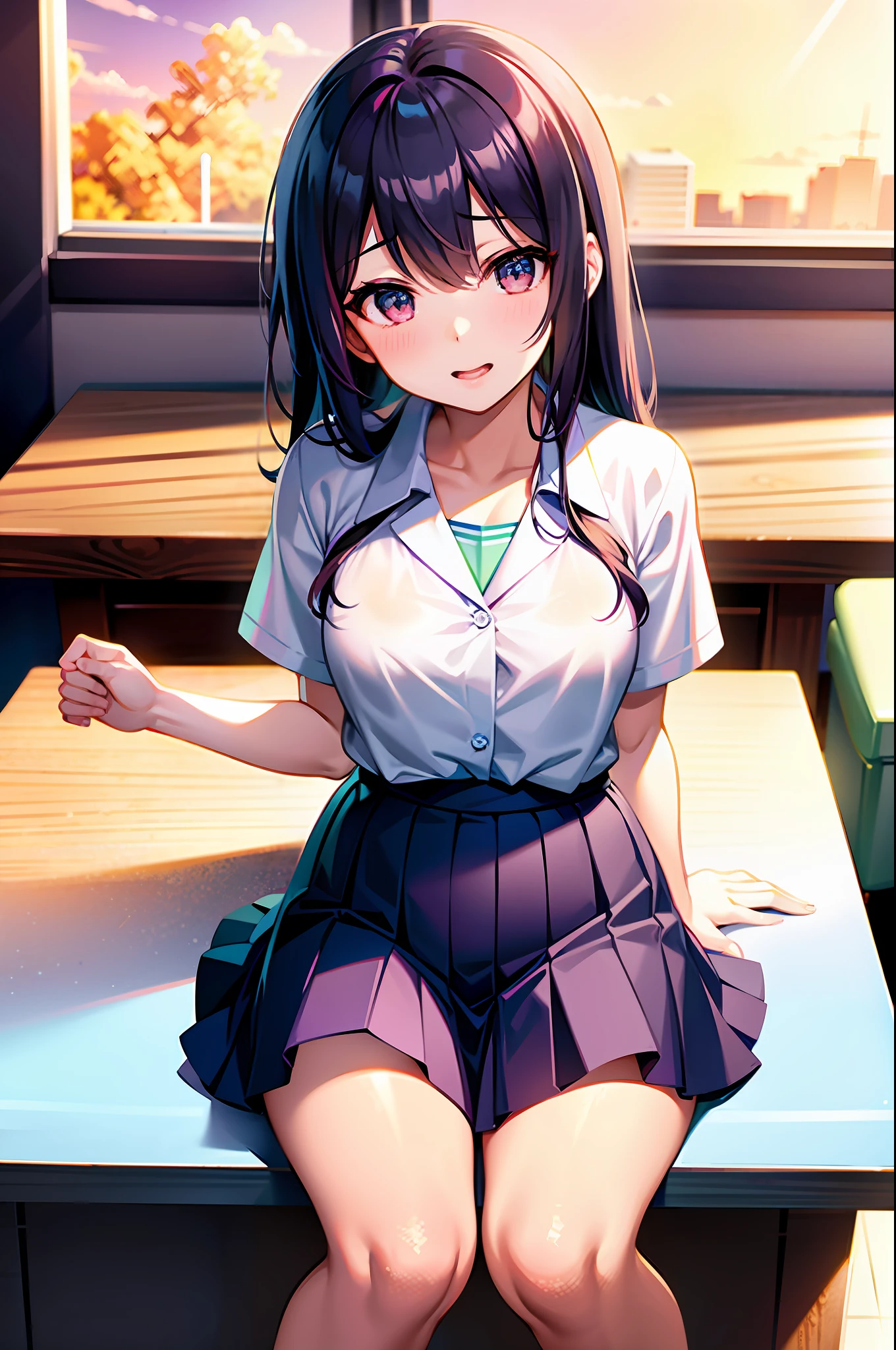 anime girl sitting on a desk in a classroom with a rainbow background, smooth anime cg art, beautiful anime high school girl, anime visual of a cute girl, cute anime girl, beautiful anime girl, pretty anime girl, anime moe artstyle, seductive anime girl, soft anime illustration, a hyperrealistic schoolgirl, kawaii realistic portrait, anime style 4 k