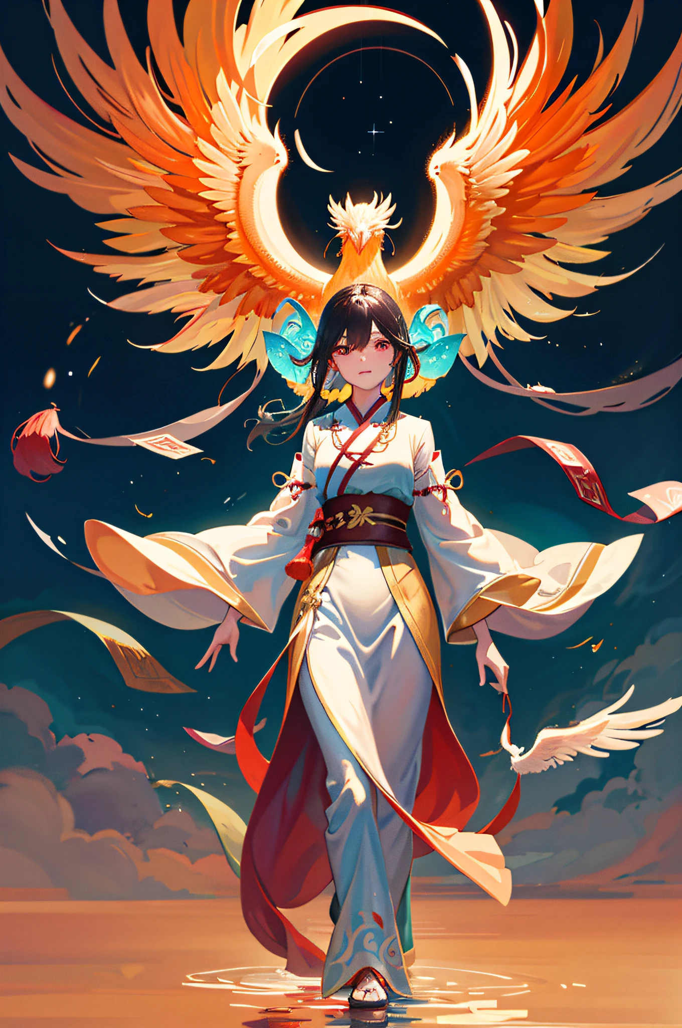 A beautiful Chinese girl standing on the water, misty reflection, a huge phoenix divine bird in the sky, magic, fantasy, dynamic posture, composed of colorful glowing flames, delicate face, delicate eyes, long black and golden hair, wearing amber and sky blue Hanfu, delicate and intricate patterns, ink painting, golden bronzing, epic composition, soft shadows, Clean sharp focus, cinematography, center composition, poster design, film photography, Panorama, 32K --v 6
