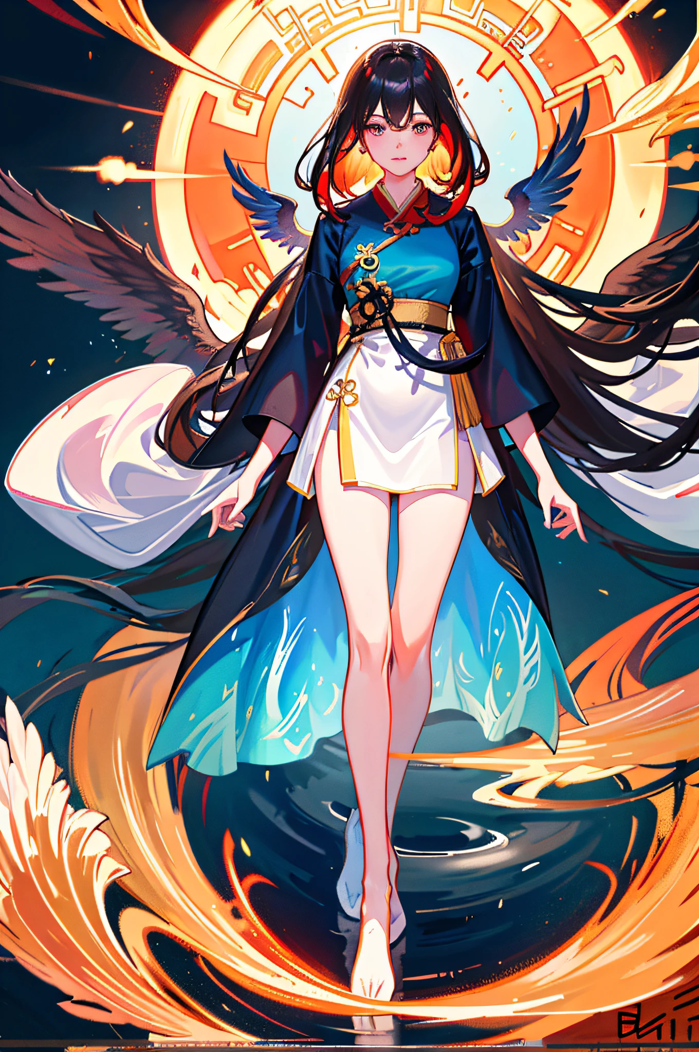 A beautiful Chinese girl standing on the water, misty reflection, a huge phoenix divine bird in the sky, magic, fantasy, dynamic posture, composed of colorful glowing flames, delicate face, delicate eyes, long black and golden hair, wearing amber and sky blue Hanfu, delicate and intricate patterns, ink painting, golden bronzing, epic composition, soft shadows, Clean sharp focus, cinematography, center composition, poster design, film photography, Panorama, 32K --v 6