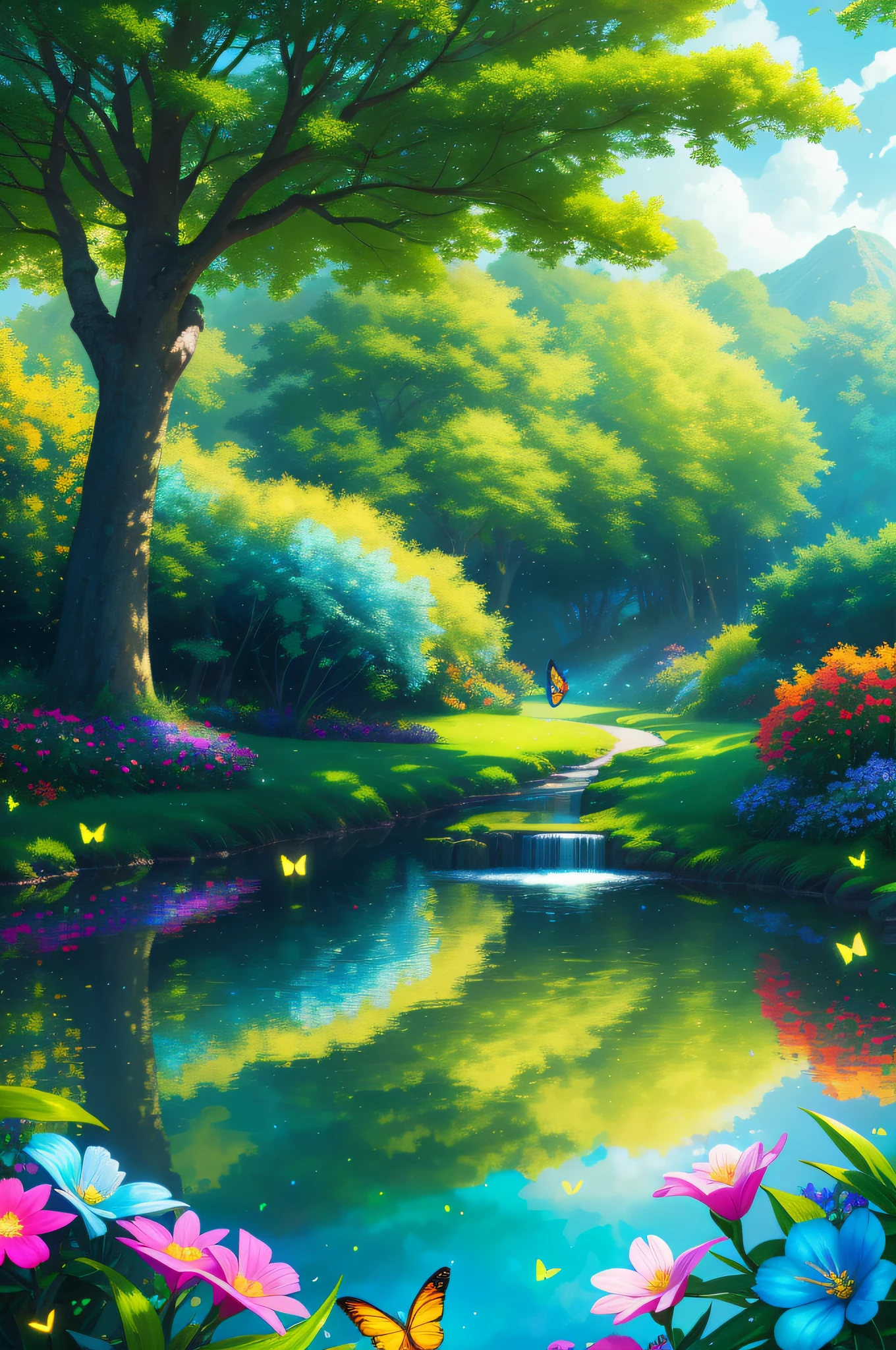 masterpiece, best quality, high quality, extremely detailed cg unity 8k wallpaper, )an extremely colorful and purely fantasy environment with vibrant hues and a bright sky), landscape of bright green grass, colorful trees, glittering fruits, and bright blue flowers, (the streams are a deep shade of blue green), and the air is filled with sweet exotic scents, (the environment appears to be taken out of a dream), with luminescent butterflies and giant colorful birds flying around, award winning photography, bokeh, depth of field, hdr, bloom, chromatic aberration, photorealistic:1.3, extremely detailed, trending on artstation, trending on cgsociety, intricate, high detail, dramatic, art by midjourney,