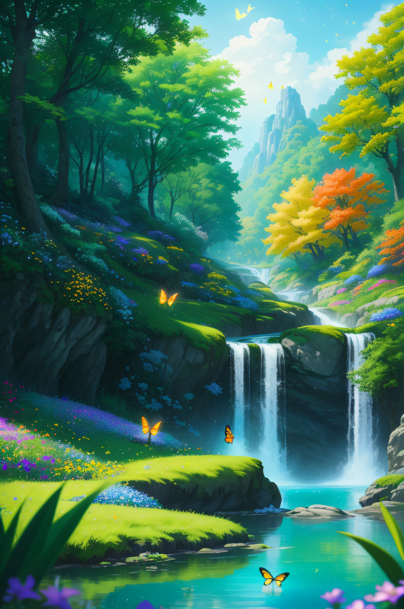 masterpiece, best quality, high quality, extremely detailed cg unity 8k wallpaper, )an extremely colorful and purely fantasy environment with vibrant hues and a bright sky), landscape of bright green grass, colorful trees, glittering fruits, and bright blue flowers, (the streams are a deep shade of blue green), and the air is filled with sweet exotic scents, (the environment appears to be taken out of a dream), with luminescent butterflies and giant colorful birds flying around, award winning photography, bokeh, depth of field, hdr, bloom, chromatic aberration, photorealistic:1.3, extremely detailed, trending on artstation, trending on cgsociety, intricate, high detail, dramatic, art by midjourney,