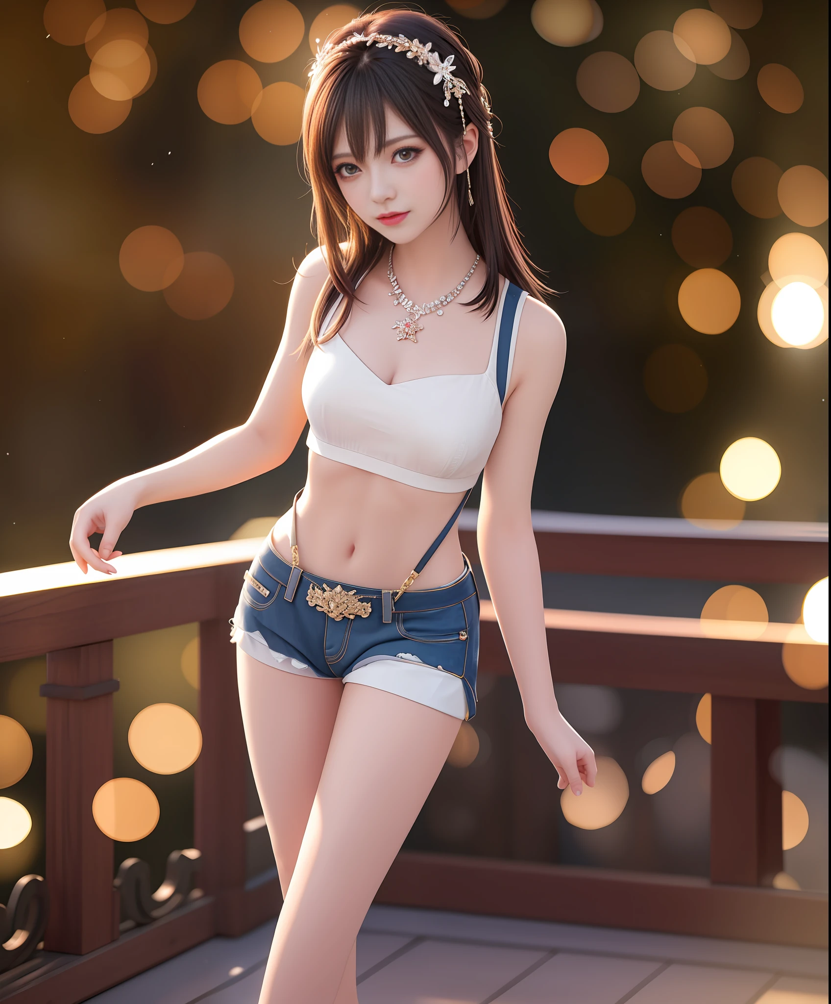 Best Quality, Masterpiece, High Resolution, 1Girl, Suspenders, Hot Pants, Hair Accessories, Necklaces, Jewelry, Beautiful Face, Full Body, Slim and Slender Legs, Tyndall Effect, Realistic, Dark Studio, Edge Lighting, Two-tone Lighting, (High Detail Skin: 1.2), 8K UHD, DSLR, Soft Light, High Quality, Volume Light, Voyeur, Photo, High Resolution, 4K, 8K, Background Bokeh,