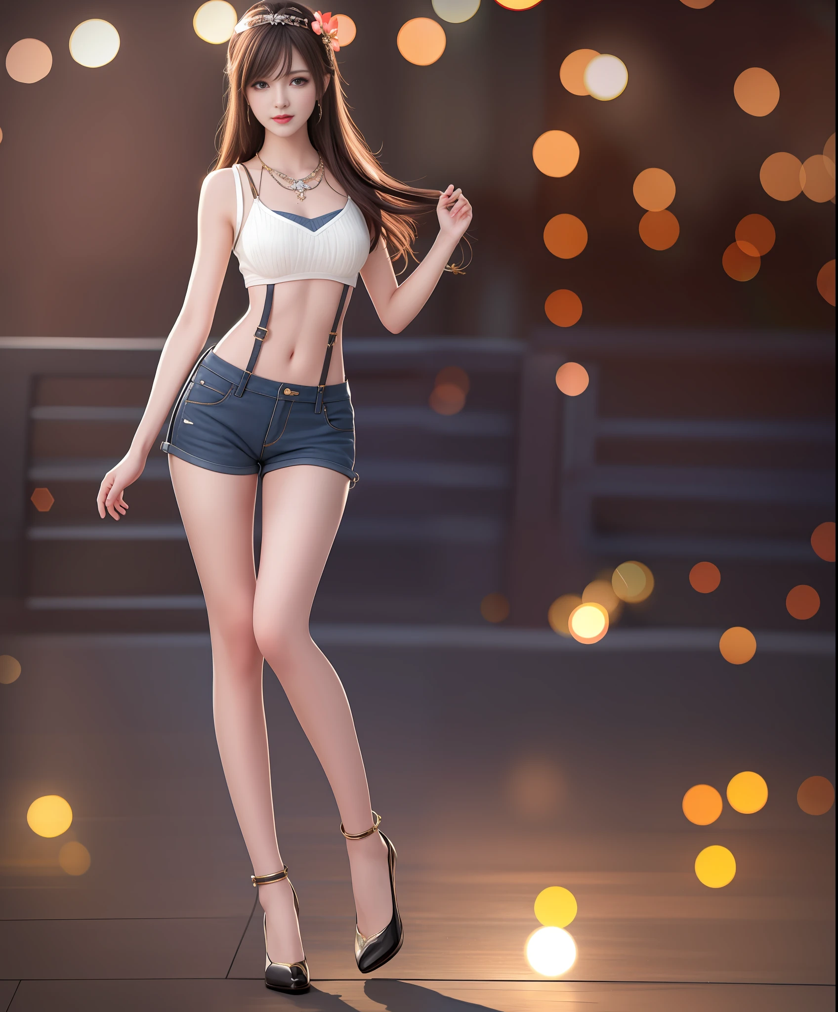 Best Quality, Masterpiece, High Resolution, 1Girl, Suspenders, Hot Pants, Hair Accessories, Necklaces, Jewelry, Beautiful Face, Full Body, Slim and Slender Legs, Tyndall Effect, Realistic, Dark Studio, Edge Lighting, Two-tone Lighting, (High Detail Skin: 1.2), 8K UHD, DSLR, Soft Light, High Quality, Volume Light, Voyeur, Photo, High Resolution, 4K, 8K, Background Bokeh,