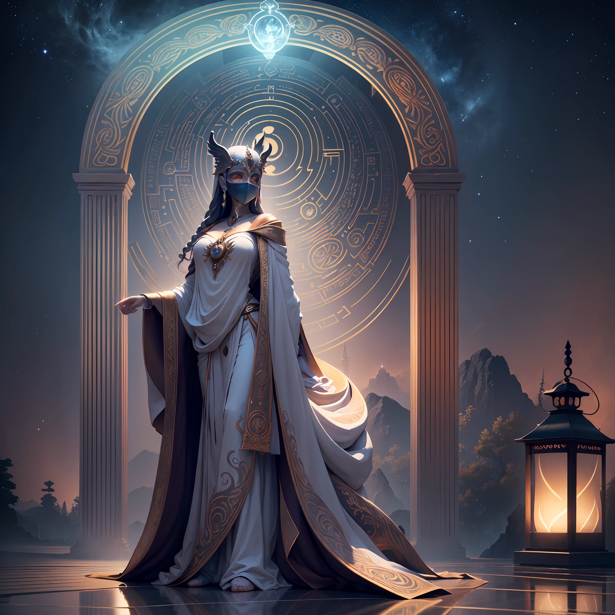 (masterpiece, best quality,ultra-detailed CG unity 8k wallpaper), elegance, statue of the goddess, semicircular arc nave, loose robe, lantern, mask, late night, mystery, soft light. --auto --s2