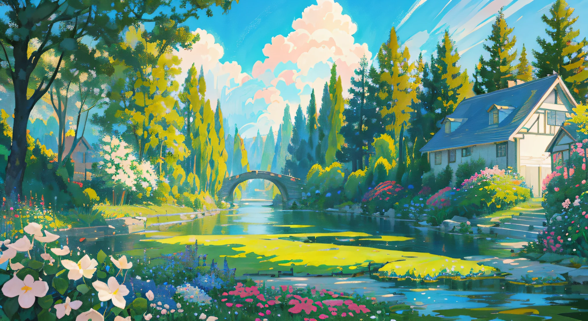 Masterpiece, best quality, official art, extremely detailed CG unity 8k wallpaper, outdoors, animals, spring \(seasons\), cloudy sky, studio ghibli, garden, village,