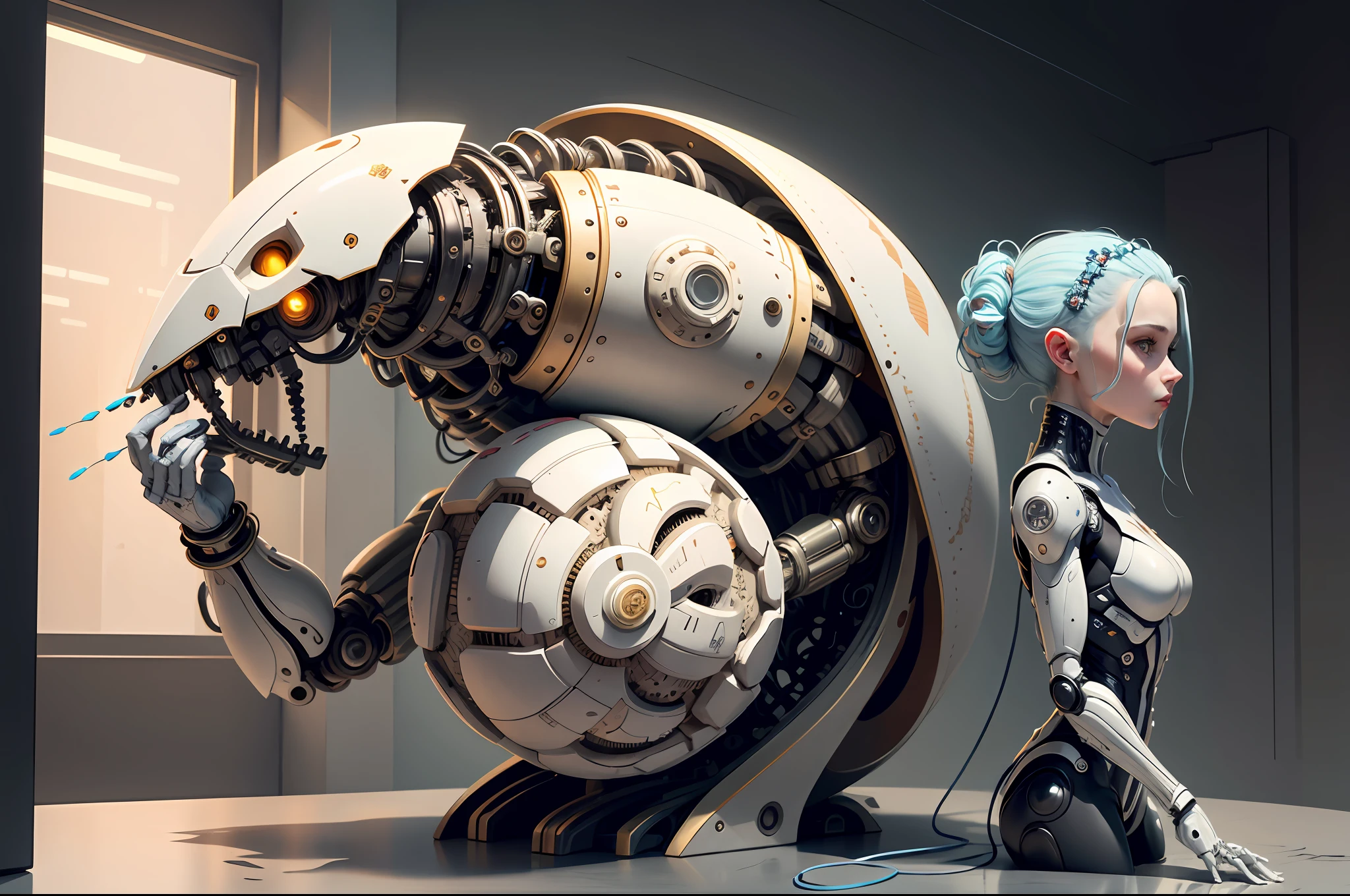 "Created with inspired ultra-detailed conceptual art | in a very developed futuristic world | electronic systems on a humanoid head | robots | have a visible detailed brain | with visible care | muscle cords | biopunk | cybernetics | cyberpunk | white marble statue | canon m50| 100 mm|sharply focused|smooth|surrealism|very detailed|intricate details|Michelangelo carving. Masterpiece. Unleash your inner Cu73Cre4ture programmer with the power of steady diffusion and bring your imagination to life! ", high detail, 8k