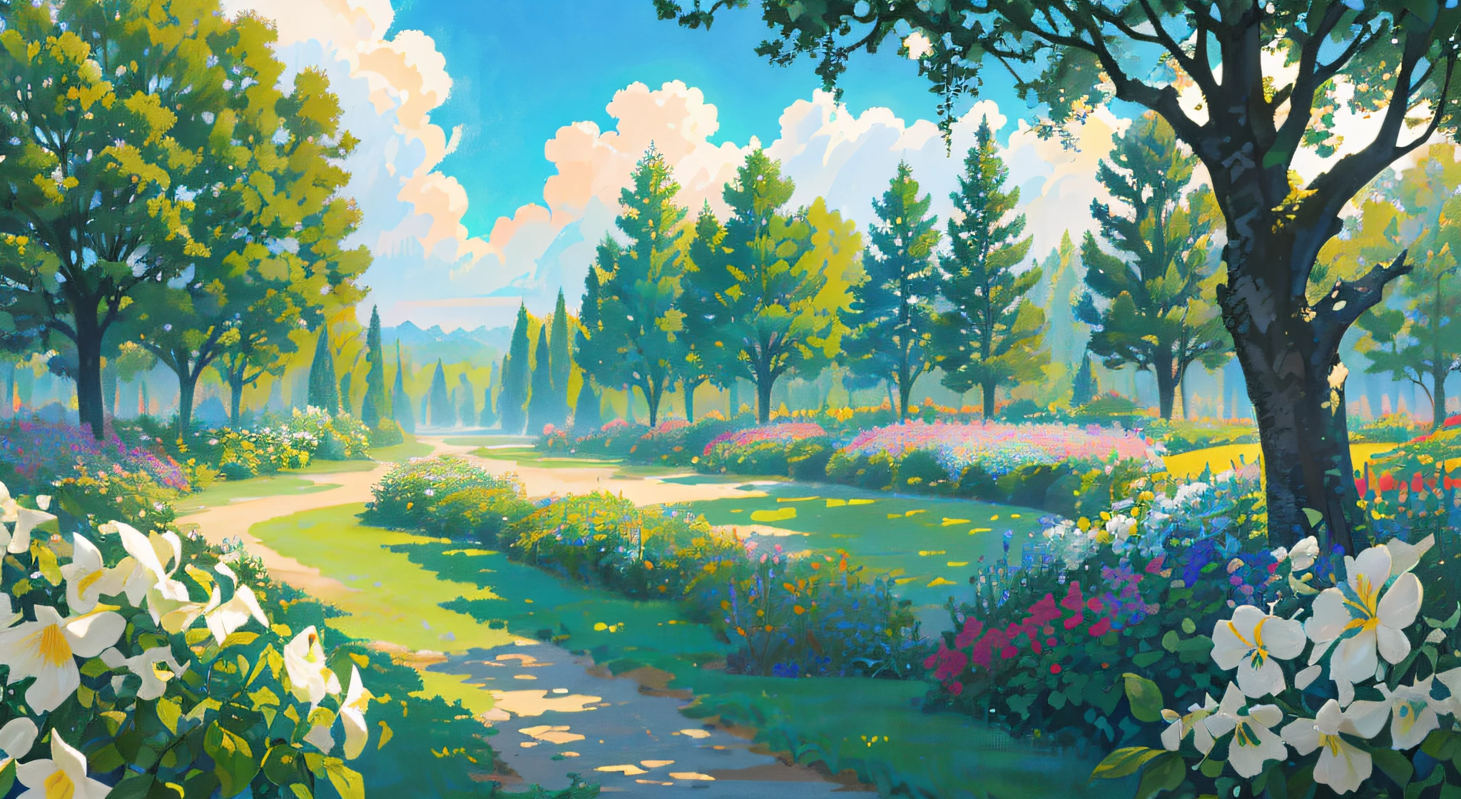 Masterpiece, best quality, official art, extremely detailed CG unity 8k wallpaper, outdoors, animals, spring \(seasons\), cloudy sky, studio ghibli, garden, village,