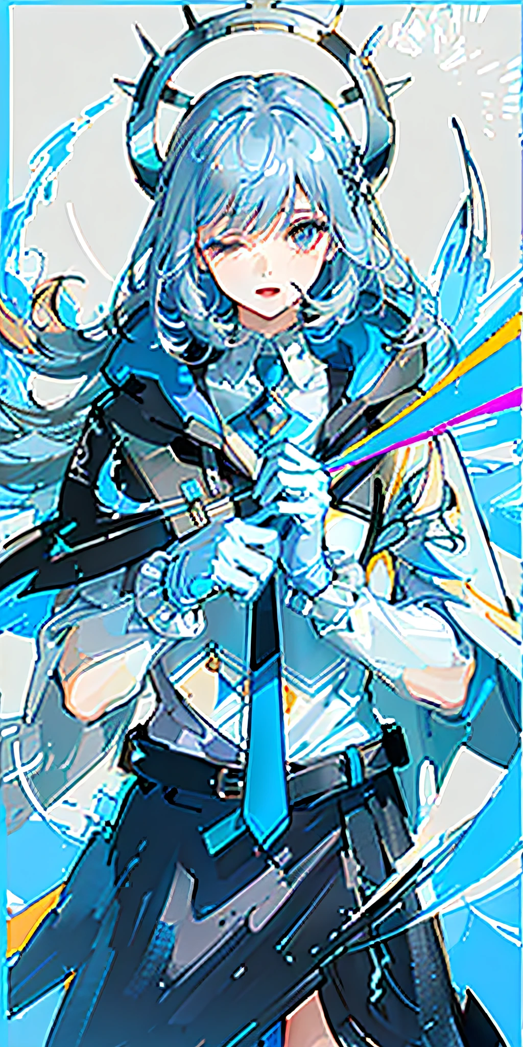 (Highest Quality), (Masterpiece), (Super Detailed), (Eye Detail: 1.0), (Lens Flare: 1.0), (Movie Poster: 1.0), (Tarot Border: 1.0), Portrait Center, (Closeup: 1.0), (Negative Space: 0.8), (Negative Space: 1.6), (Solo), (Floating Color Mesh: 1.0), (Many Color Spikes: 1.0), (Floating Droplets: 1.0), ( Water Magic: 1.0), (Dappled Sun, Rays, Caustics: 1.2), (Iridescence: 1.0), (Beautiful Detail Halo: 1.0), (Lean Back: 1.2), (Grim Expression: 1.0) ,(small:1.0),(open mouth:1.0),(eyelashes),one eye closed,(light blue hair:1.4),(long hair:1.0),(facing viewer:1.3),(head tilt : 1.0), (dynamic pose: 1.1), (asymmetrical hair: 1.2), (orange, (casual, casual), (layered skirt), (gray eyes: 1.4), oblique bangs, high double ponytail, diamond hair ,long coat,(flowing cloak: 1.0),,(abstract background:1.4),(:1.1),(jump:1.1),(tan:1.1),(upper body:1.25),thinking,pupil,++,co-feather , strapless, tights, (white gloves: 1.3), black and red double horns, sleepy