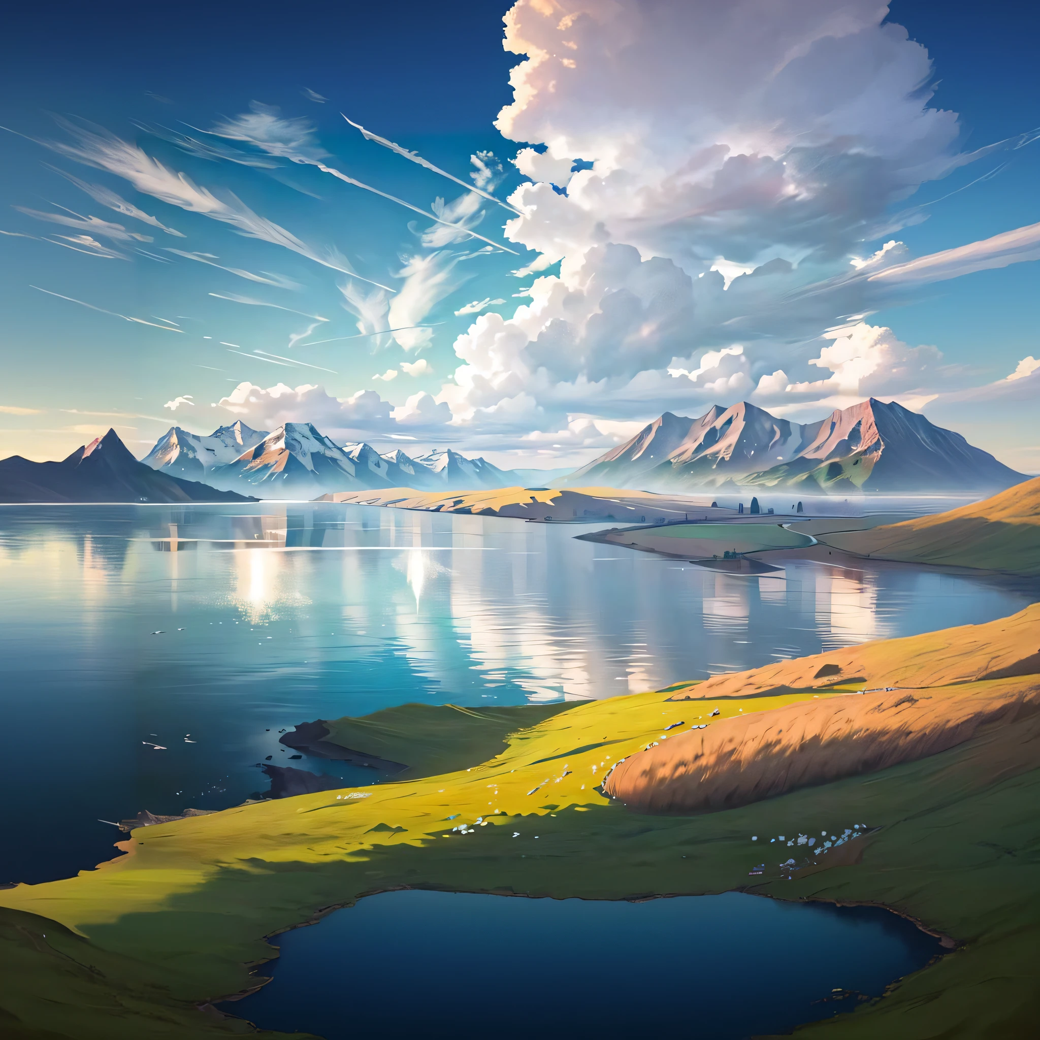 a painting of a lake with mountains in the background, wlop and rhads, beautiful digital painting, scenery artwork, inspired by RHADS, gorgeous digital painting, ross tran. scenic background, beautiful oil matte painting, stunning digital painting, detailed painting 4 k, beautiful art uhd 4 k, 4k highly detailed digital art, 4 k digital painting
