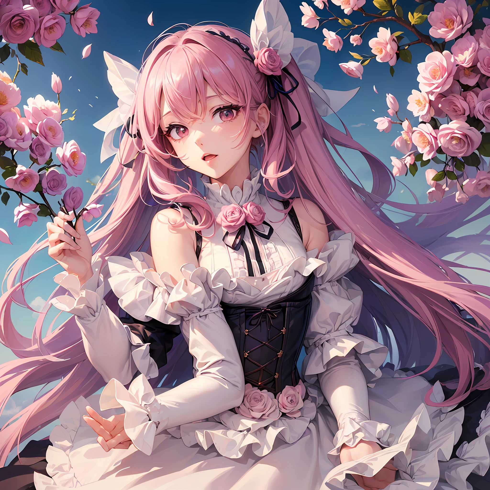 ((masterpiece)), ((highest quality), (super detail), (illustration), ((very delicate and beautiful)), (dynamic angle),
1girl, flower, spring, blue sky, rose, very long hair, detailed face, long eyelashes, eye flower, ruffled sleeves, corset, ribbon, princess, half twin tails, pink hair color Open your mouth slightly, open arms to acceptance, full body, pink eyes, (low suite: 1.4), 2 hands, 2 arms --s2