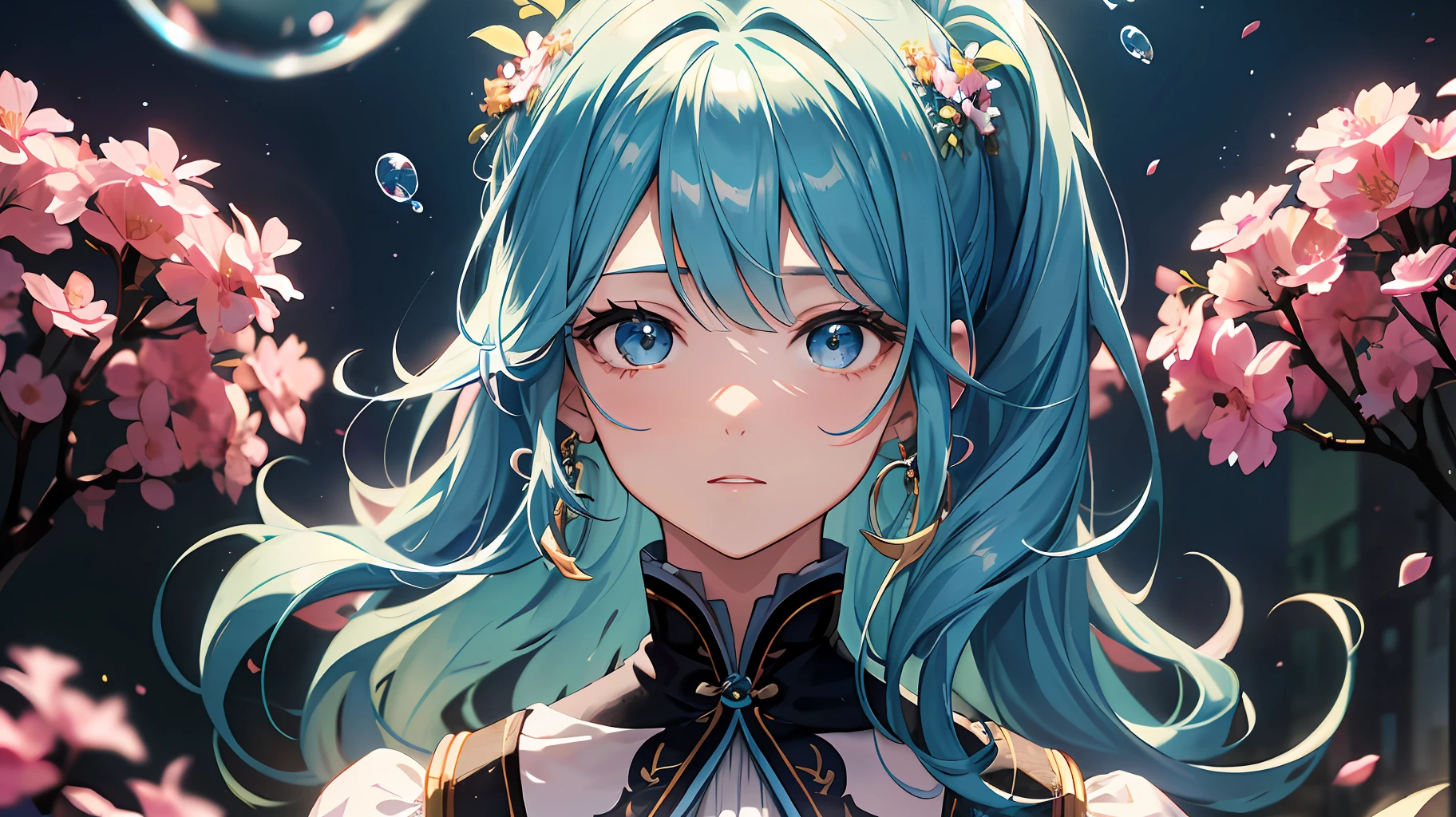 (masterpiece), (best quality), (ultra detailed),(disheveled hair),(illustration), (1girl), (Fashionable clothing), standing, Fashion model, looking at viewer, (interview), (simple background),beautiful detailed eyes, delicate beautiful face, Floating,(high saturation),(colorful splashes),colorful bubble,(shining), focus on face, ponytail, kamisato ayaka, light blue hair, bangs, hair ring, floating flowers, floating hairs, (shining), best lighting, best shadow,