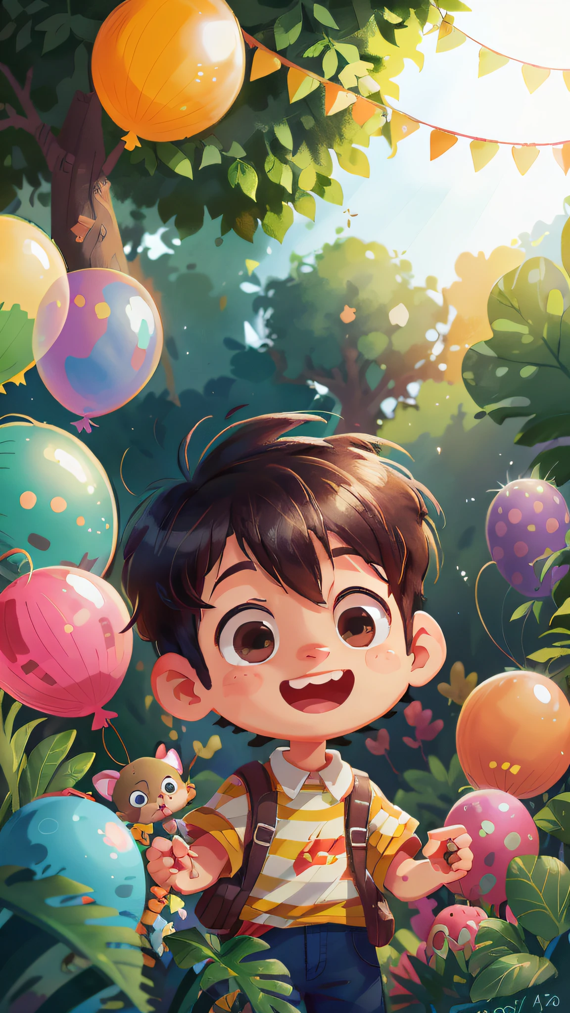 A boy, zoo, many balloons, happy, happy, perfect quality, clear focus (clutter - home: 0.8), (masterpiece: 1.2) (realistic: 1.2) (bokeh) (best quality) (detailed skin: 1.3) (intricate details) (8K) (detail eyes) (sharp focus), (happy)