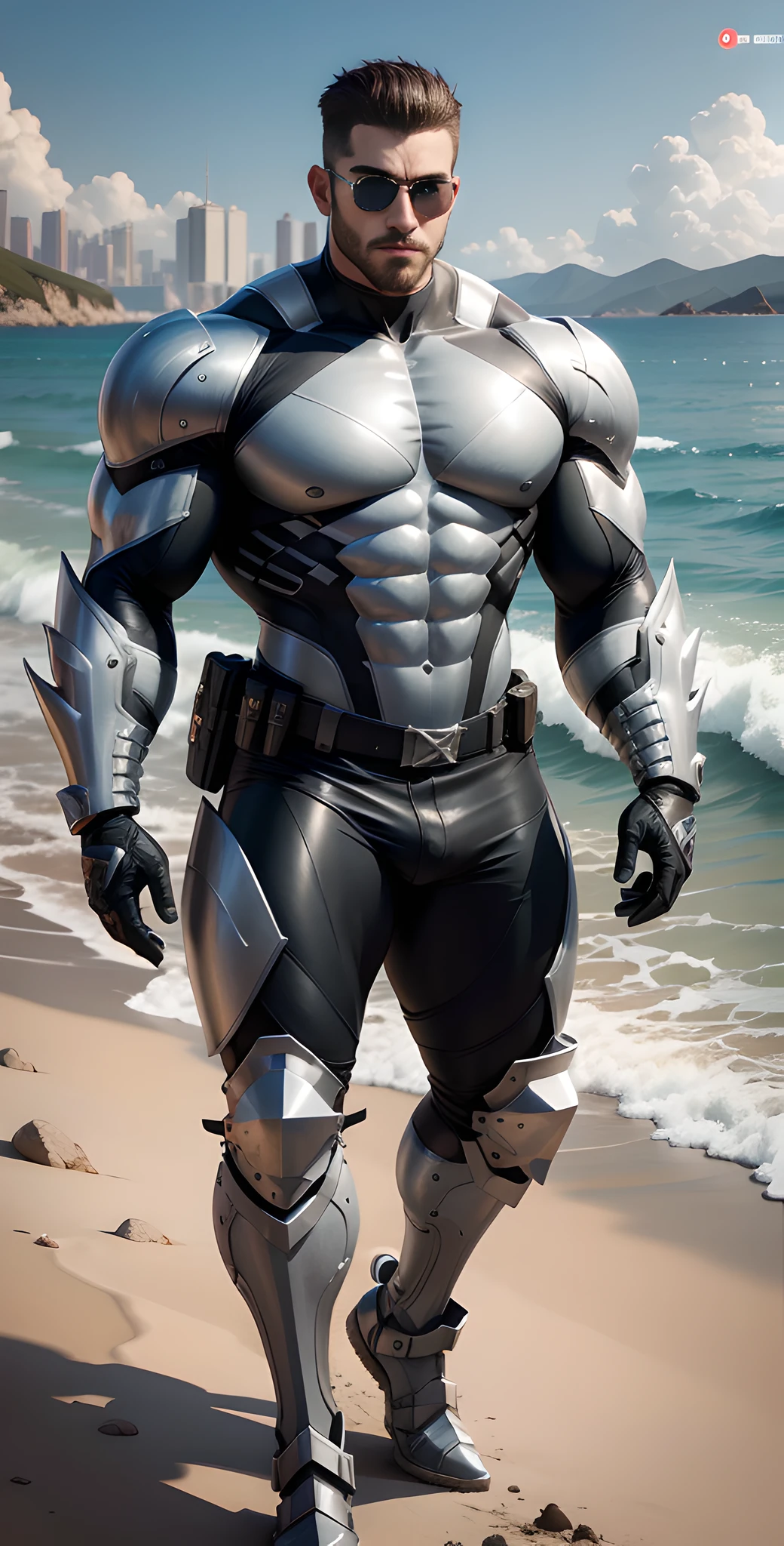 Arad man in gray and white clothes standing by the sunny sea, muscular male hero, conceptual art like Ernest Khalimov, heroic male pose, muscular! Wearing black sunglasses, round head Buzz Cut, cyberpunk, stealth suit, super buff and cool, high resolution committee, Chris Redfield, Jigachard muscle, Ernest Khalimov body, character design police, black military boots, charismatic strong male with armor