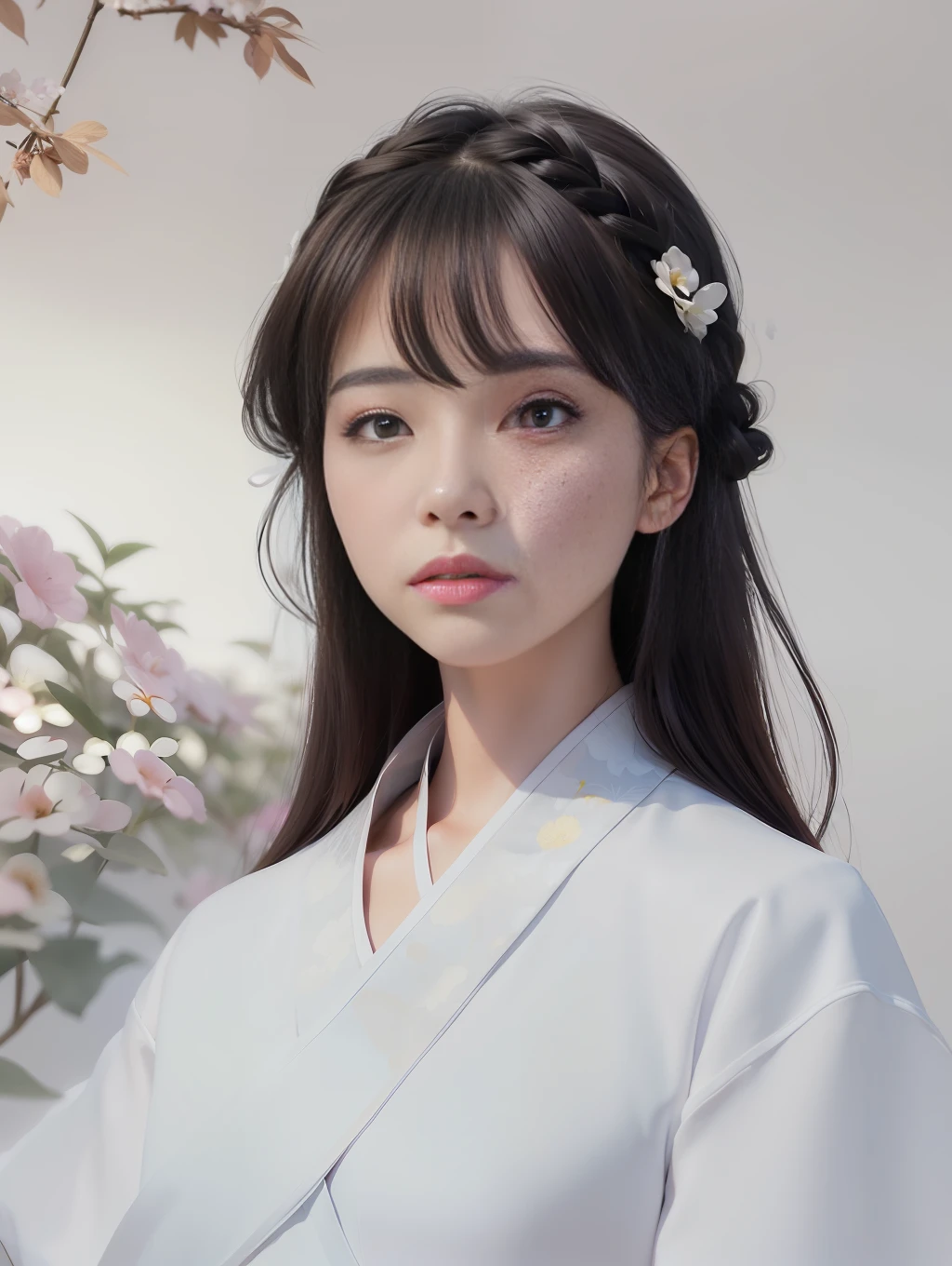 painting of a woman in a white dress with flowers in her hair, artwork in the style of guweiz, palace ， a girl in hanfu, guweiz, beautiful anime portrait, beautiful character painting, in the art style of bowater, chinese girl, 中 元 节, a beautiful artwork illustration, white hanfu, high quality portrait