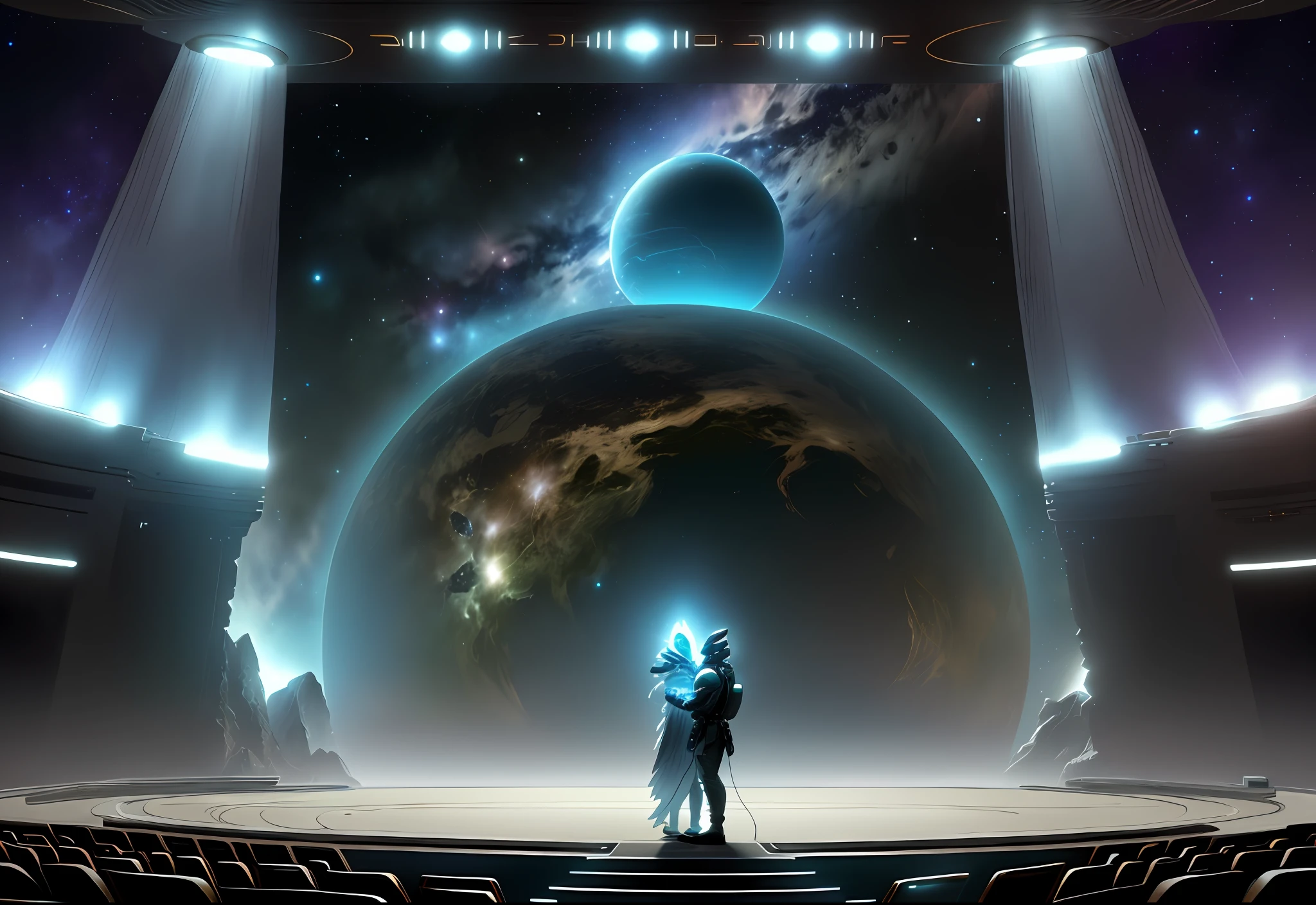 stellaris game screen, stellaris game, space style, diplomatic encounter, human captain, alien, greeting, diplomatic agreement, ultra detailed, alien planet, extremely detailed scenery, background audience, auditorium, 8k, ultra realistic, ultra realistic style, 4 k, soft lighting, extremely detailed
