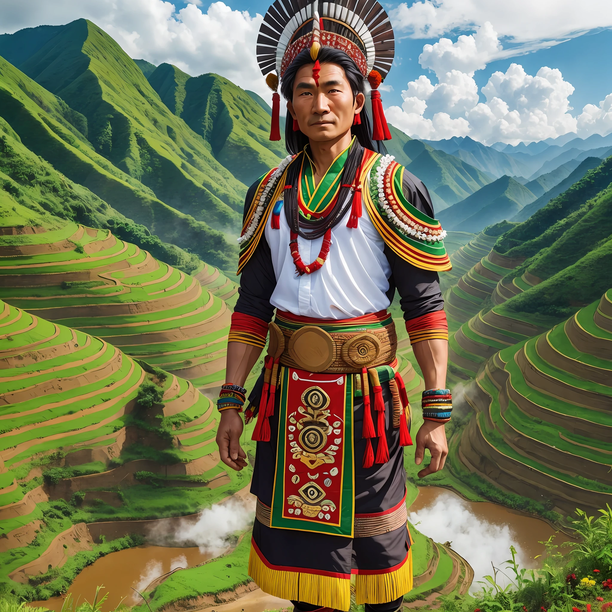 Nagaland depicted as a proud hero, dressed in traditional Naga attire, standing amidst the lush green hills of Dzükou Valley, with vibrant flowers, misty landscapes, and a sense of serenity, Photography, capturing the hero's connection with nature and the cultural richness of Nagaland --auto --s2