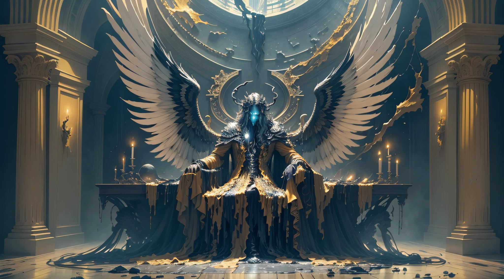 The oil painting depicts Icarus, a legendary figure from Greek mythology, in a dark and mysterious scene. Icarus is sitting on a majestic throne made entirely of melted wax. The room around him is immersed in a deep darkness, with no illumination other than the pale, dim light of the moon, which barely penetrates the shadows.

Icarus, depicted with a bored and dejected expression, is visibly dejected. Its body is carved in melted wax, creating a fluid and unstable appearance. The wax drips from it as if it were slowly melting, solidifying its shattered condition. His wings, once majestic, are now just molten remnants, like amorphous fragments around his body.

To complete the image, Icarus wears a chandelier crown on his head, symbolizing his fall and his tragic connection with fire. The melted candles of the crown cast a faint, quivering light, further highlighting his melancholy state.

The painting captures the sense of desolation and hopelessness, depicting Icarus as a being trapped in his own tragic fate. The darkness of the room, the melted wax and the undone wings reflect the catastrophe and the loss of his audacious ambition. Icarus, once soaring toward the sun, now finds himself imprisoned on a throne of decay, doomed to the eternity of boredom and repentance. --auto --s2