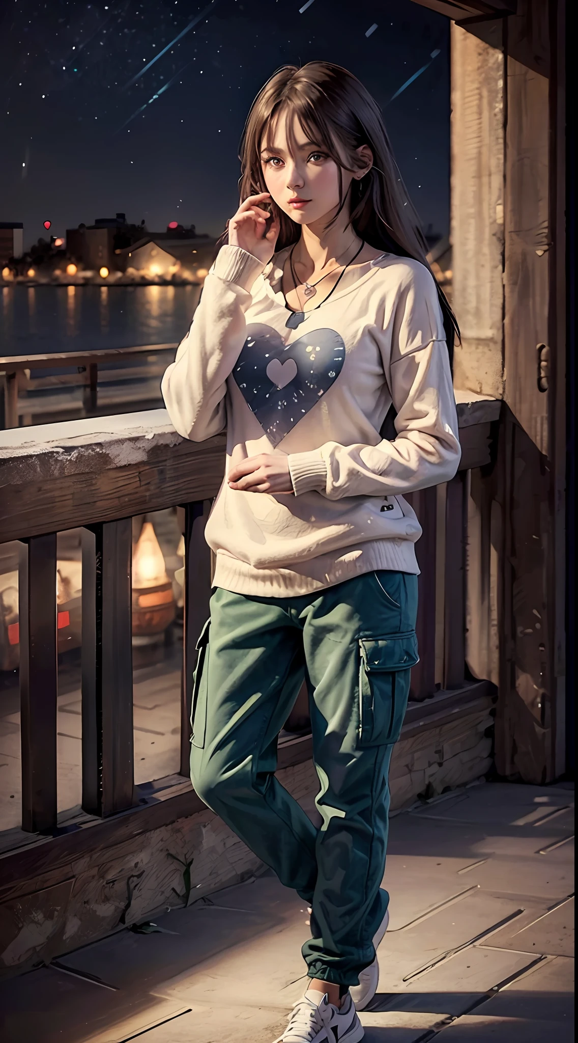 4k, winter scenery, Beautiful woman, long hair, brown hair, medium breasts, blue eyes, white sweater, cargo pants, neon heart necklace, looking at viewer, night