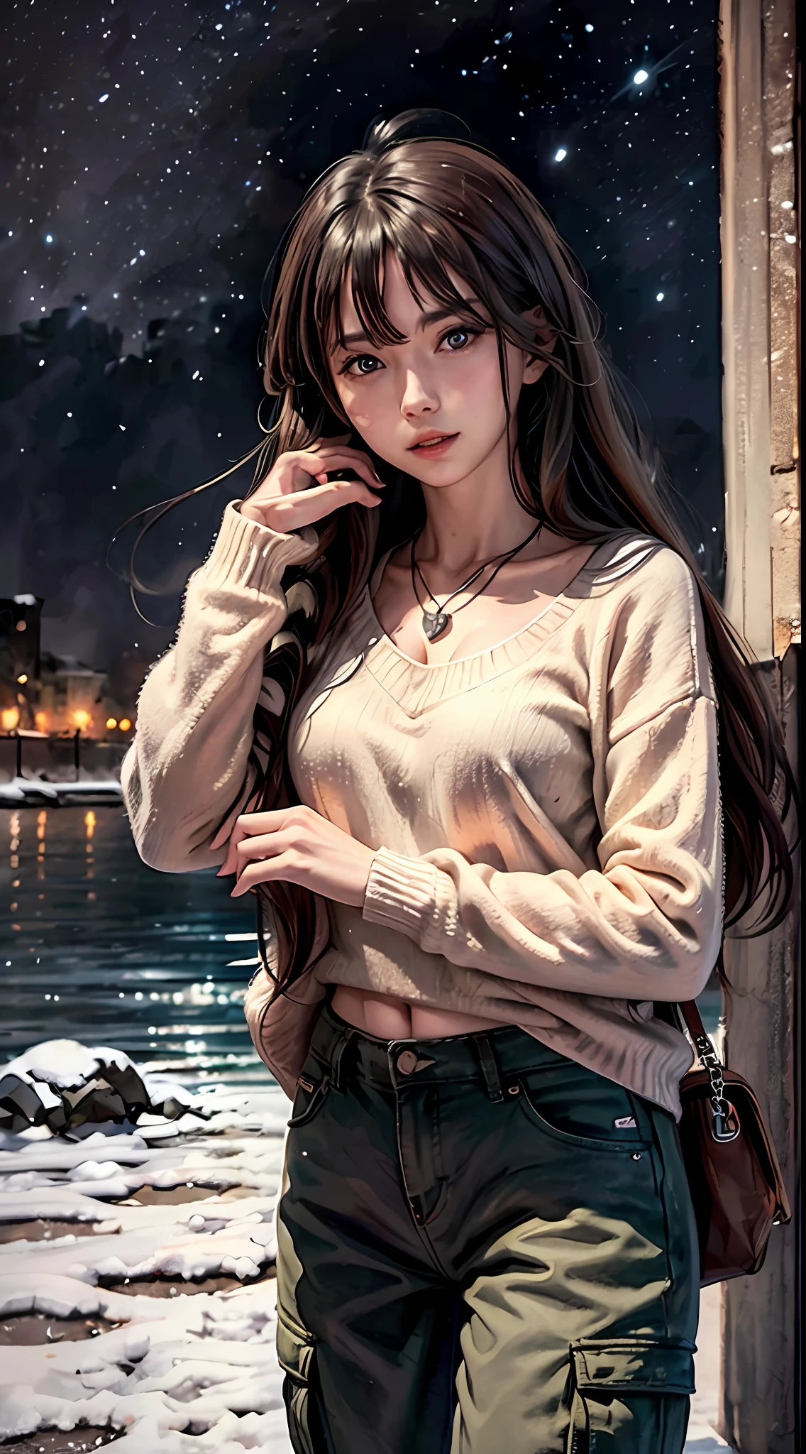 4k, winter scenery, Beautiful woman, long hair, brown hair, medium breasts, blue eyes, white sweater, cargo pants, neon heart necklace, looking at viewer, night