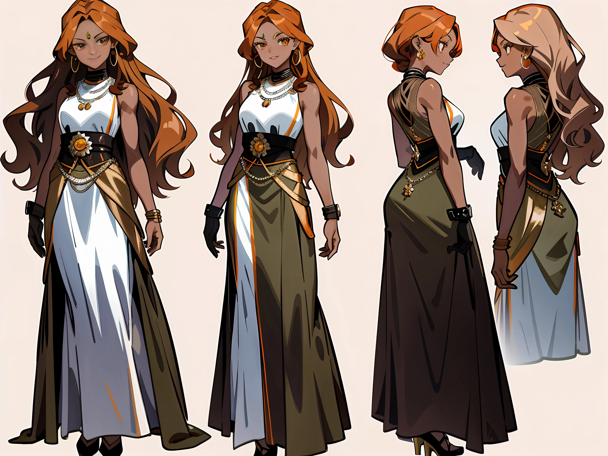 Masterpiece: 1.6, best quality: 1.4, live image: 1.2, intricate details: 1.2, charturnerv2: 1.2, 1lady full body character change, Appearance: milf: 1.25, thin: 1.3, gold eyes, (((Very dark brown, pasntone chocolate skin))), african queen, medium breasts, detailed eyes, quality eyes, Clothing: olive sleeveless dress, tan grey gloves Accessories: simple hoop earrings, black necklace, small flowers in the hair, ((Hair: orange hair, long hair, semi curly hair)), Makeup: natural, shiny skin, (single background, white background: 1.3), multiple views, ((multiple views of the same character in the same outfit: 1.3))