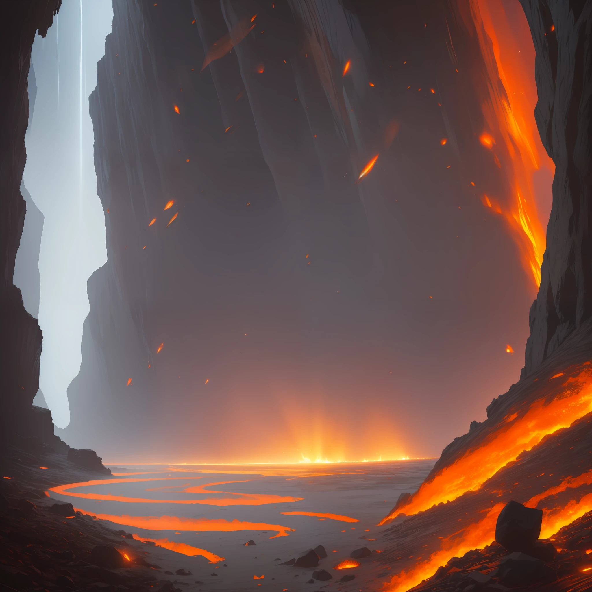 extensive landscape photography (view from below, which shows the vault of the cave, (detailed description of the cave), stalactites, stalagmites, as well as helicates, lake, lava, below), gray-haired guy standing on a stone ledge and looking down (lake of fire: 1.2), (falling stones: 0.9), (fire: 1.3), crystals, stones, lava, cave BREAK production art, (cold light source:1.2), (Firefly:1.2), fire particles, a lot of dark, red,  yellow and orange, intricate details, volumetric lighting, BREAK realism (masterpiece:1.2), (best quality), 4k, ultra-detailed, (dynamic composition: 1.4), high detailed, colorful details, (gloomy colors: 1.2), (luminous lighting, atmospheric lighting), gloomy, magical, (solo: 1.2) --auto --s2