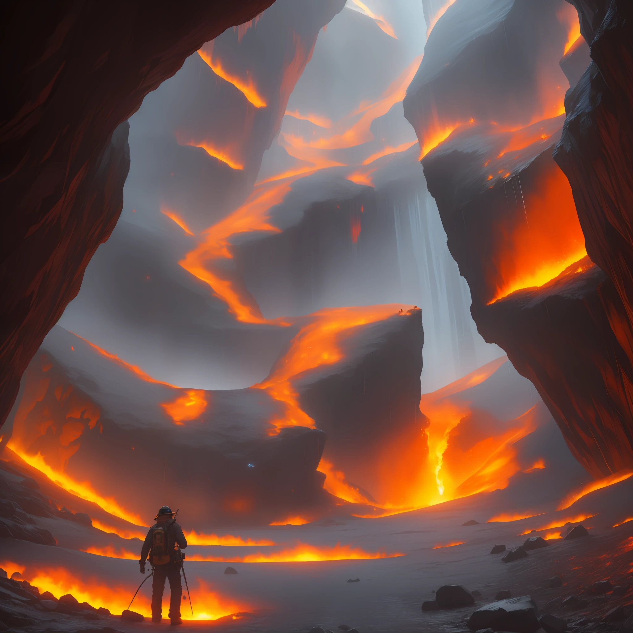 extensive landscape photography (view from below, which shows the vault of the cave, (detailed description of the cave), stalactites, stalagmites, as well as helicates, lake, lava, below), gray-haired guy standing on a stone ledge and looking down (lake of fire: 1.2), (falling stones: 0.9), (fire: 1.3), crystals, stones, lava, cave BREAK production art, (cold light source:1.2), (Firefly:1.2), fire particles, a lot of dark, red, yellow and orange, intricate details, volumetric lighting, BREAK realism (masterpiece:1.2), (best quality), 4k, ultra-detailed, (dynamic composition: 1.4), high detailed, colorful details, (gloomy colors: 1.2), (luminous lighting, atmospheric lighting), gloomy, magical, (solo: 1.2) --auto --s2