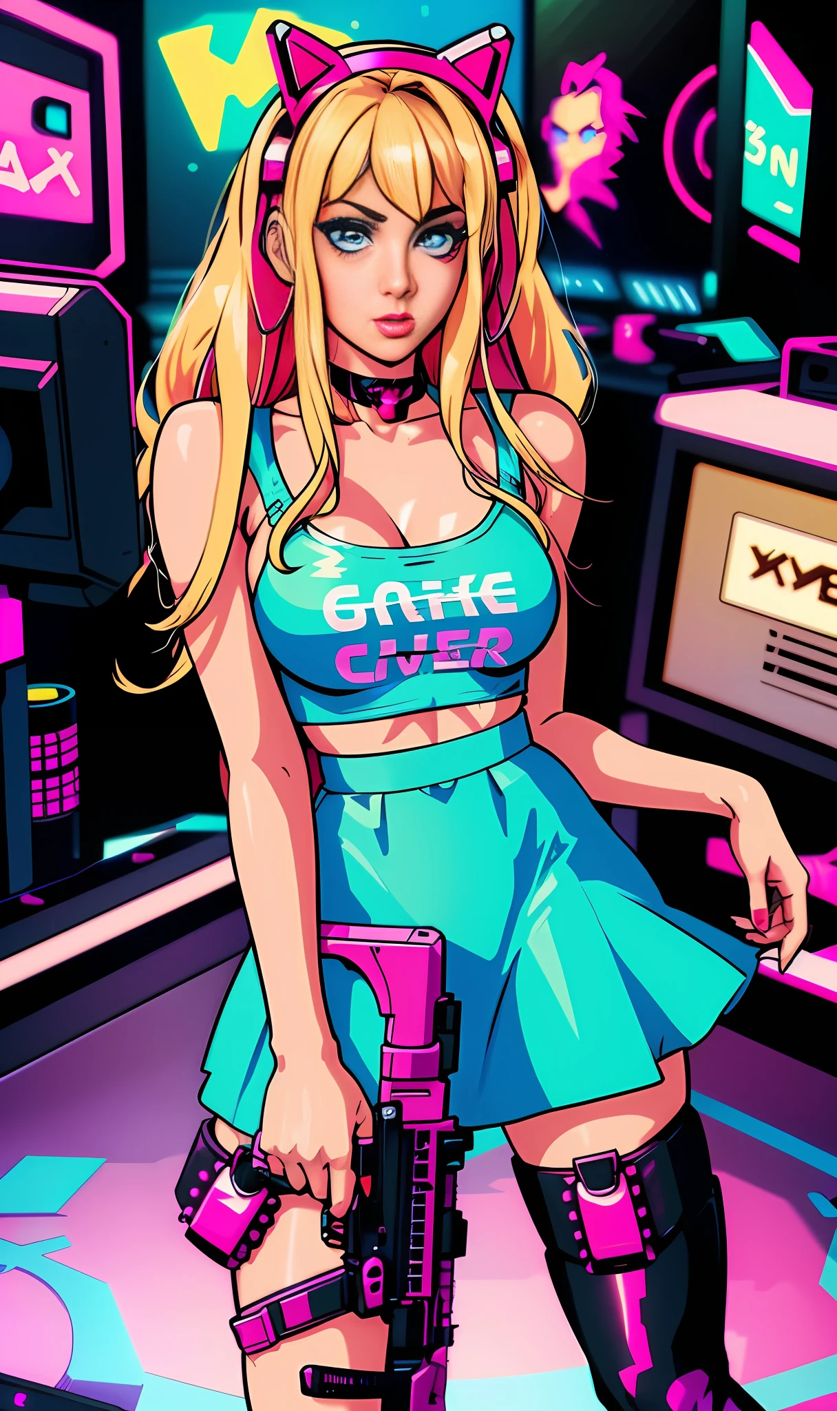 a close up of a cartoon girl with a gun in a room, video game fanart, outrun art style, cyberpunk art style, synthwave art style ]!!, 8 0 s anime vibe, video game digital art, [ synthwave art style ]!! ]!!, masterpiece epic retrowave art, [ synthwave art style ]!!, retrowave epic art