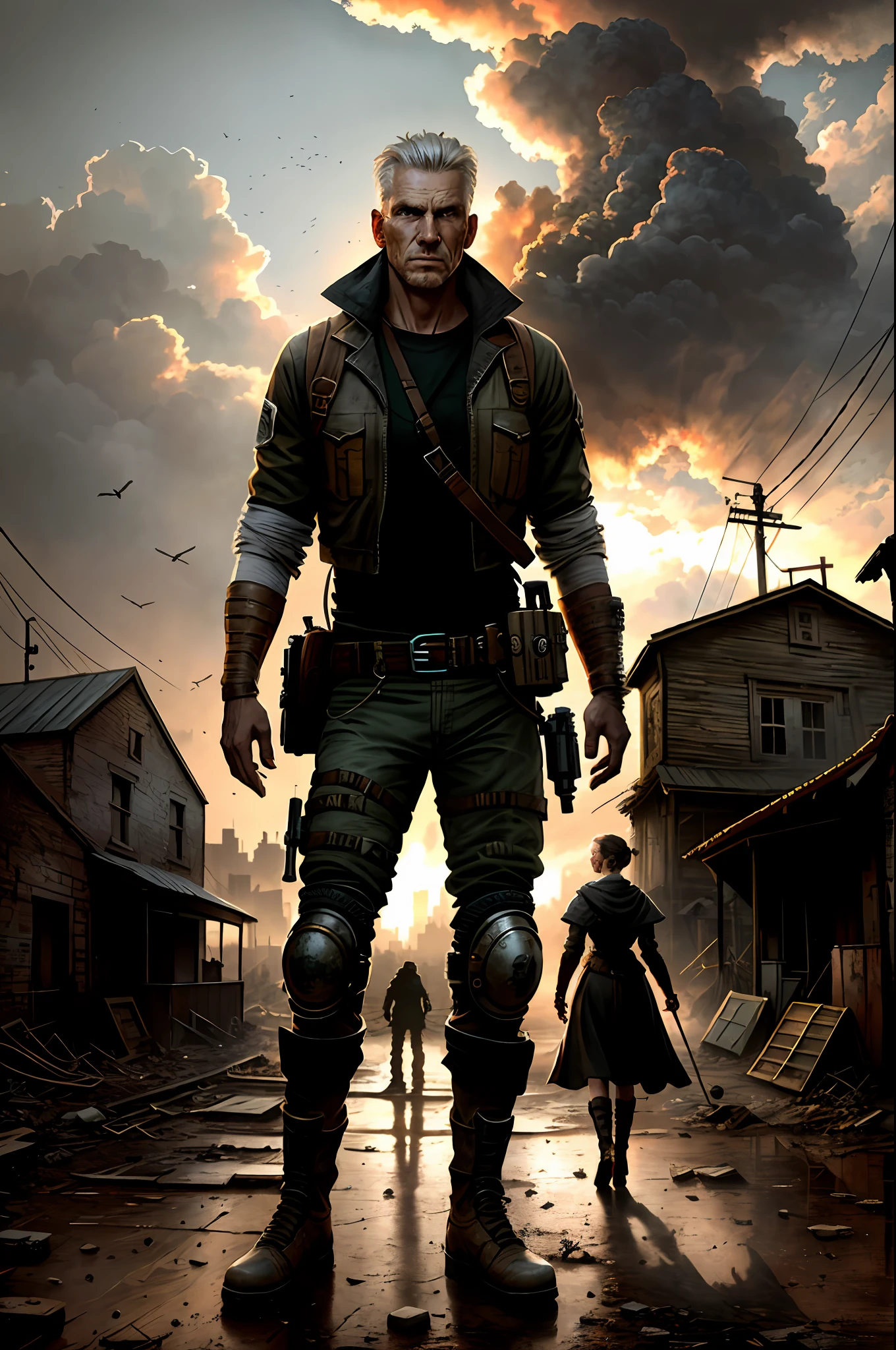 Amazing detailed photography of a perfect beautiful man post apocalyptic by Clint Langley, (great composition:1.0), crowd of dancing couples, church bell, no_humans, mid-range, trending on artstation, old man, atmosphere, ((medieval village setting):0.8),