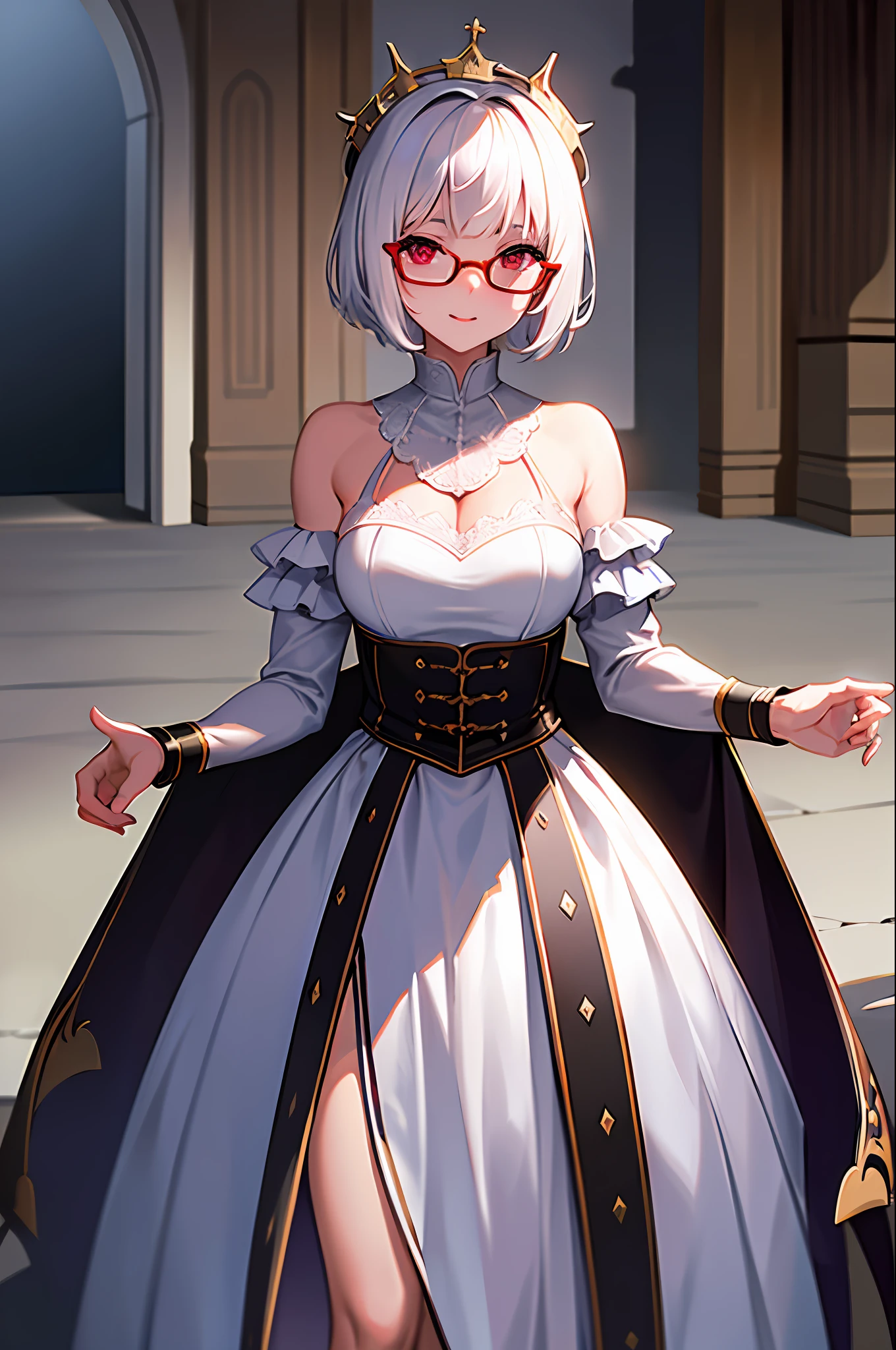 masterpiece , a girl, in castle, ( lite white short hair:1.2), (red eyes:1.2) , (8k, best quality 1.2), ultra-detailed, 8k uhd, soft lighting, high quality, film grain, beautiful lighting, cinematic ,perfect body , best illumination, best shadow, sharpness, contrast, red glasses, absurdres high detailed face, demon king