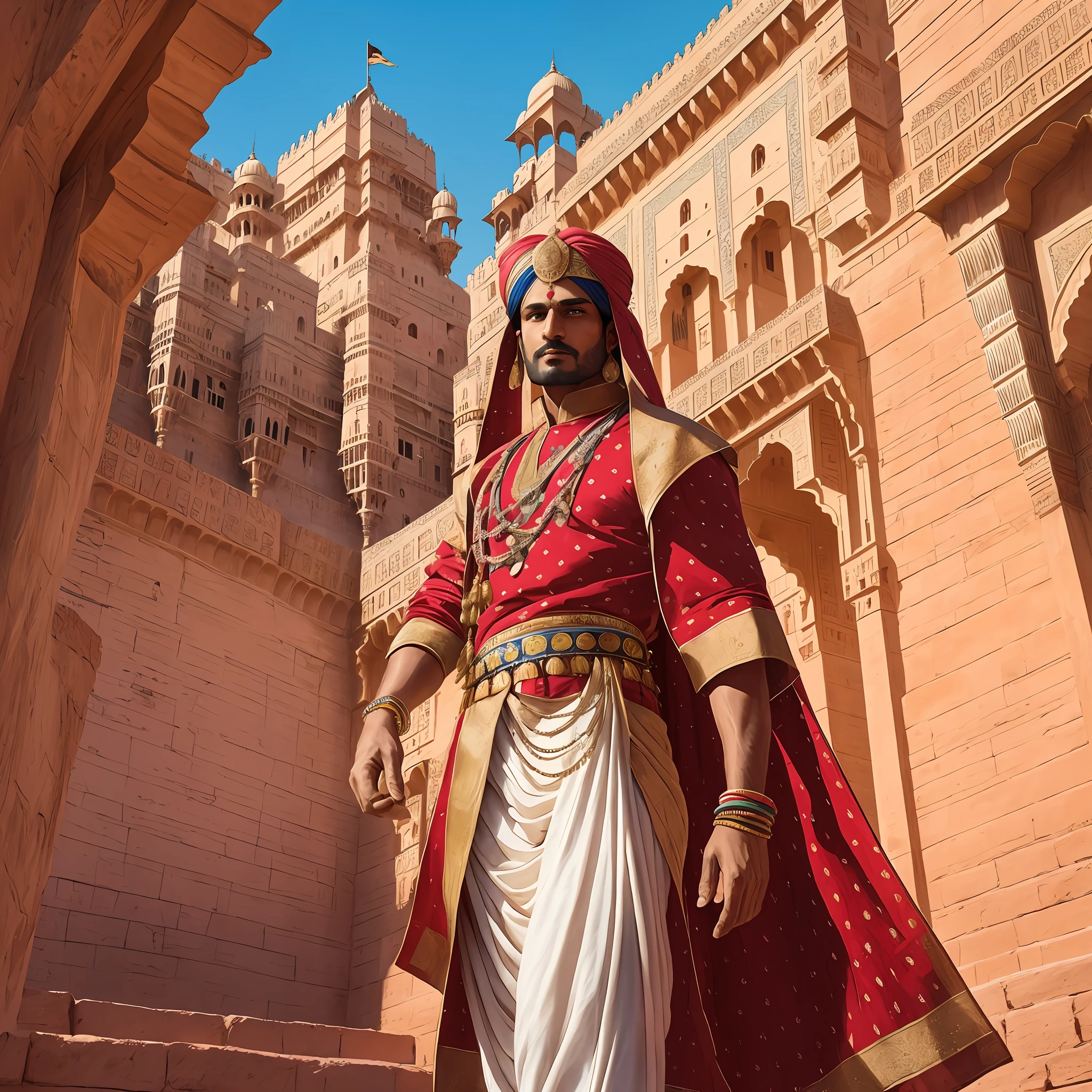 Rajasthan personified as a regal hero, adorned in royal Rajasthani attire, standing in front of the majestic Mehrangarh Fort in Jodhpur, with its imposing walls, intricate architecture, and panoramic views of the city, Photography, capturing the hero's grandeur and the architectural splendor of Rajasthan --auto --s2