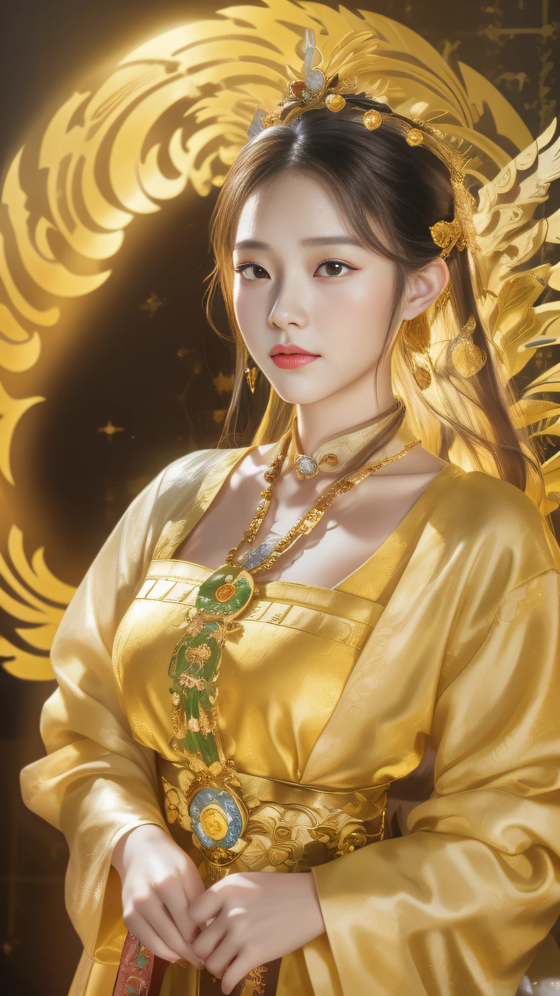 arafed woman in a yellow dress with a gold halo, a beautiful fantasy empress, inspired by Lan Ying, palace , a girl in hanfu, beautiful render of tang dynasty, ((a beautiful fantasy empress)), inspired by Ju Lian, inspired by Qiu Ying, inspired by Wu Bin, inspired by Ai Xuan, artwork in the style of guweiz