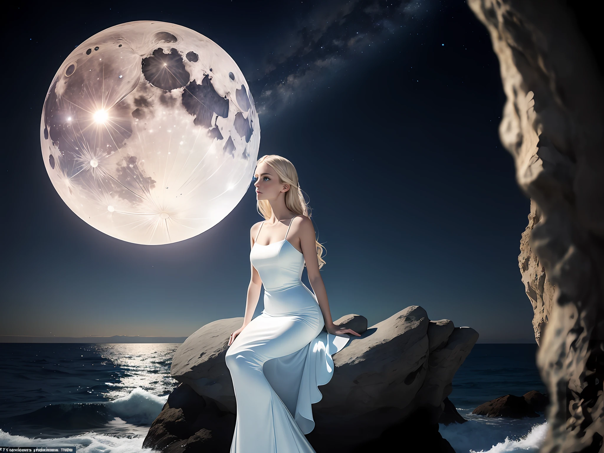 Beautiful woman, blue fishtail, mermaid, mermaid tail, dramatic lighting, highest quality, movie stills, (delicate face, blue eyes, blond hair, very beautiful, healthy female body, (white silk dress), perfect face, hand extended to the audience, moon on the horizon, looking at the viewer, (skin detail), sitting on a rock in the sea, (night sky: 0.7), (ocean: 0.6), dark, dim light, 8k, global illumination.