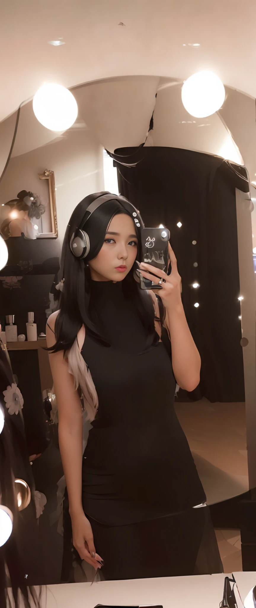 araffe woman in black dress taking a selfie in front of mirror, profile pic, she is wearing a black dress, 2 2 years old, korean idol, best quality, photorealistic, 8k, high res, 1girl, woman, (skindentation), (portrait:0.6), gorgeous, ((bigsize round breast, sleeveless black dress)), (1girl eyes looking at viewer, medium-length hair, blackhair, partedbangs:1.8), photorealistic, (bokeh), (closed mouth:1.46), gorgeous, pureerosface_v1, wearing headphones