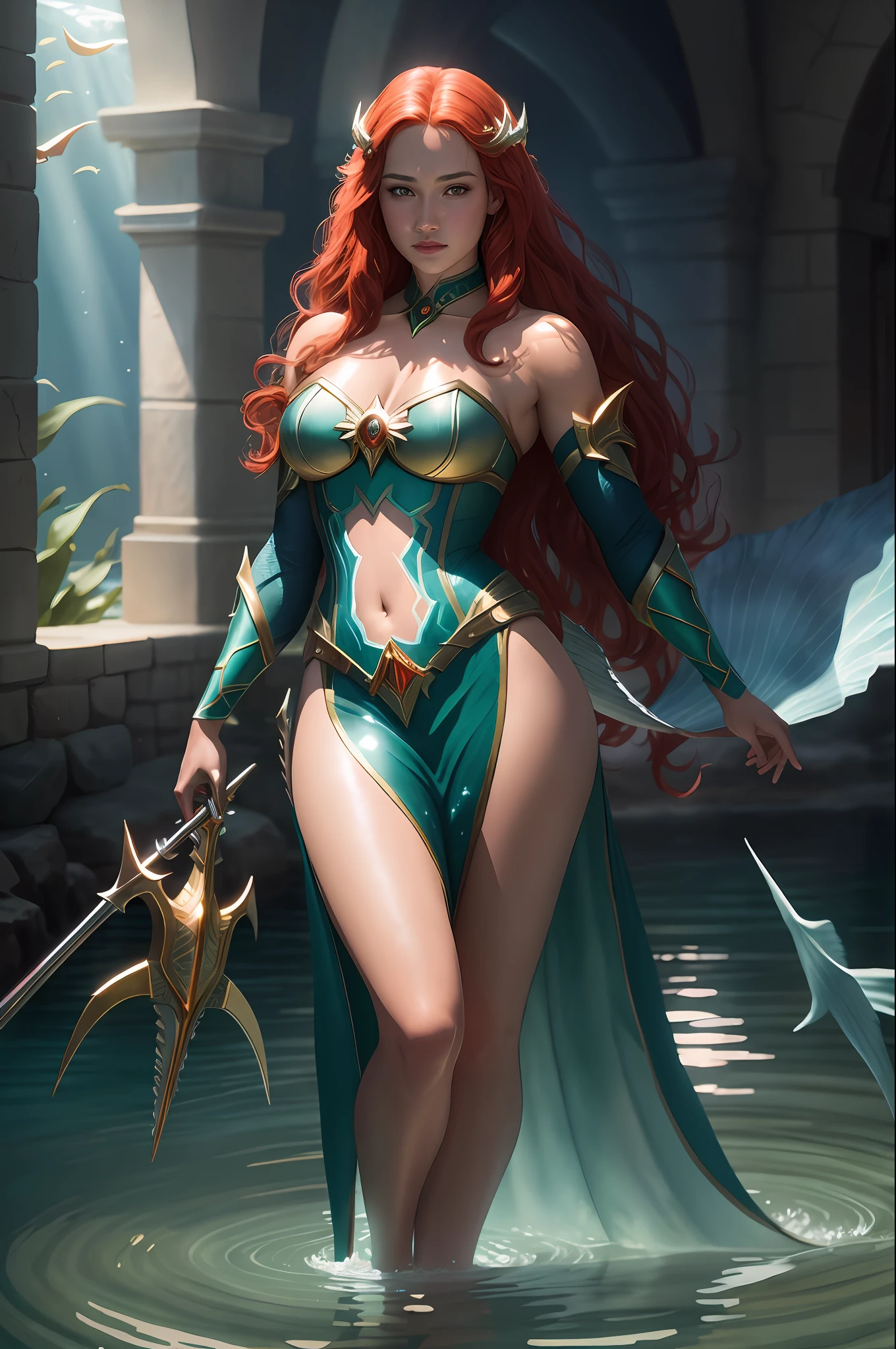 sfw, [fantasy], watercolor illustration, Full Shot, of beautiful sexy atlantean princess with (mermaid tail), holding glowing trident, wearing teal cape, in underwater throne room, toned physique, perfect large round breasts, toned medium ass, perfect limbs, perfect hands, long red hair, (detailed skin, diffused skin pores), ethereal, maximum detail, maximum quality, (bloom:0.5), raytracing, specular lighting, shallow depth of field, smooth, cinematic film still from Aquaman, [Arcane Fantasy:12]