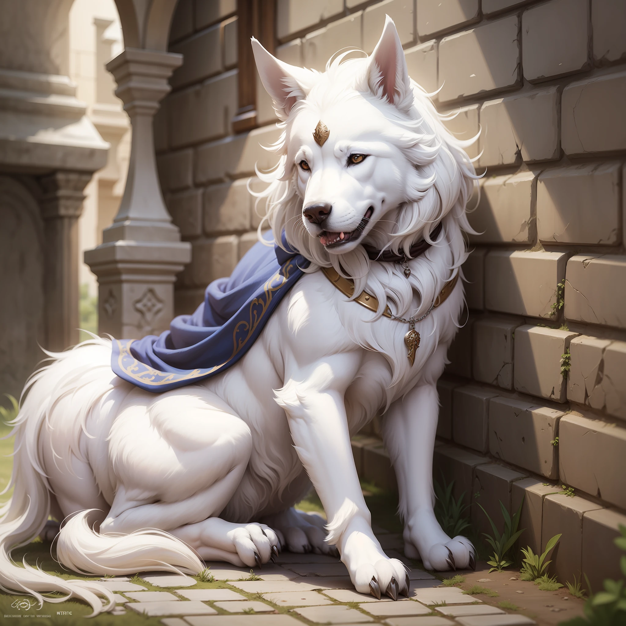 A white, medieval, fantasy dog.