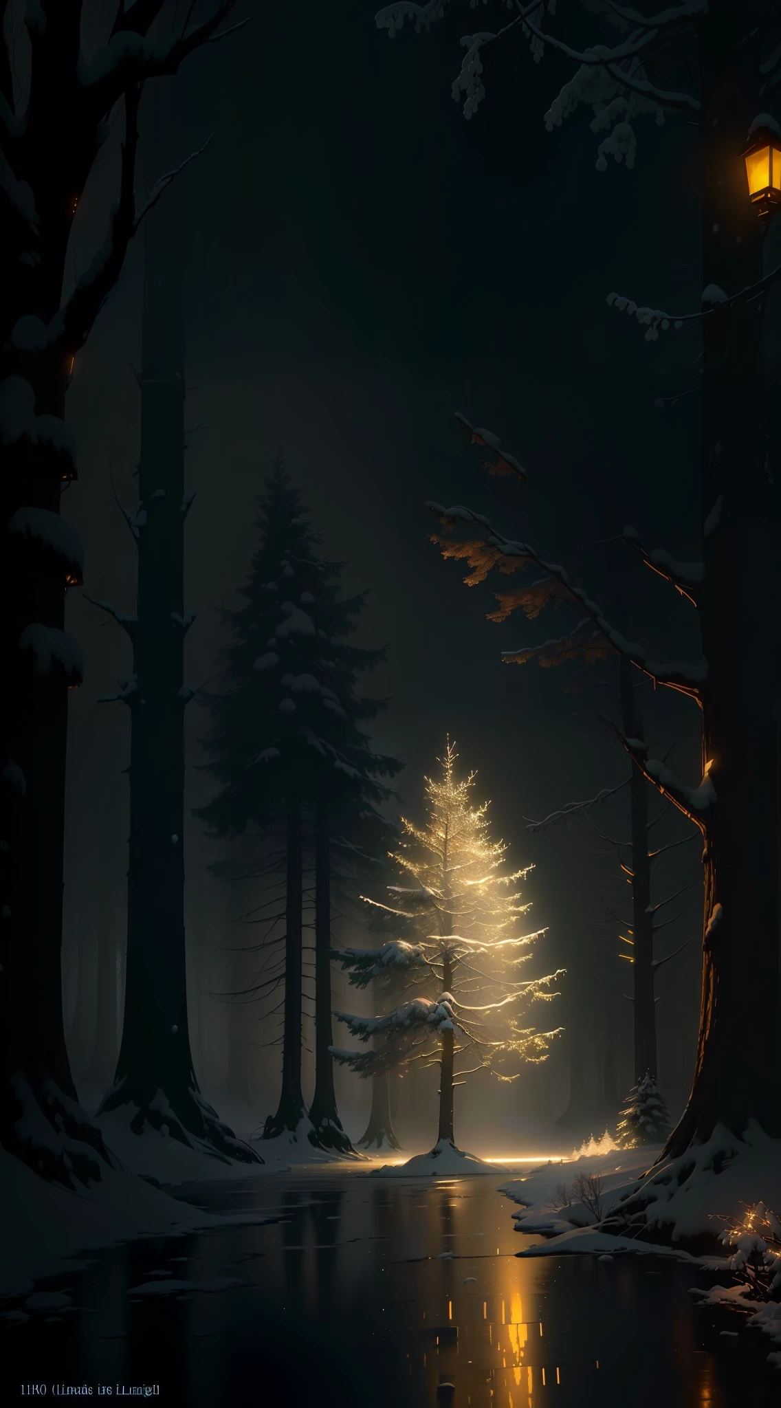 there is a small tree in the middle of a forest, glowing lights! digital painting, winter concept art, glowing forest, inspired by Jakub Schikaneder, 8k resolution digital painting, 8 k resolution digital painting, inspired by Andreas Rocha, background artwork, snow glow, forest light, cinematic forest lighting, night in the forest, concept art wallpaper 4k