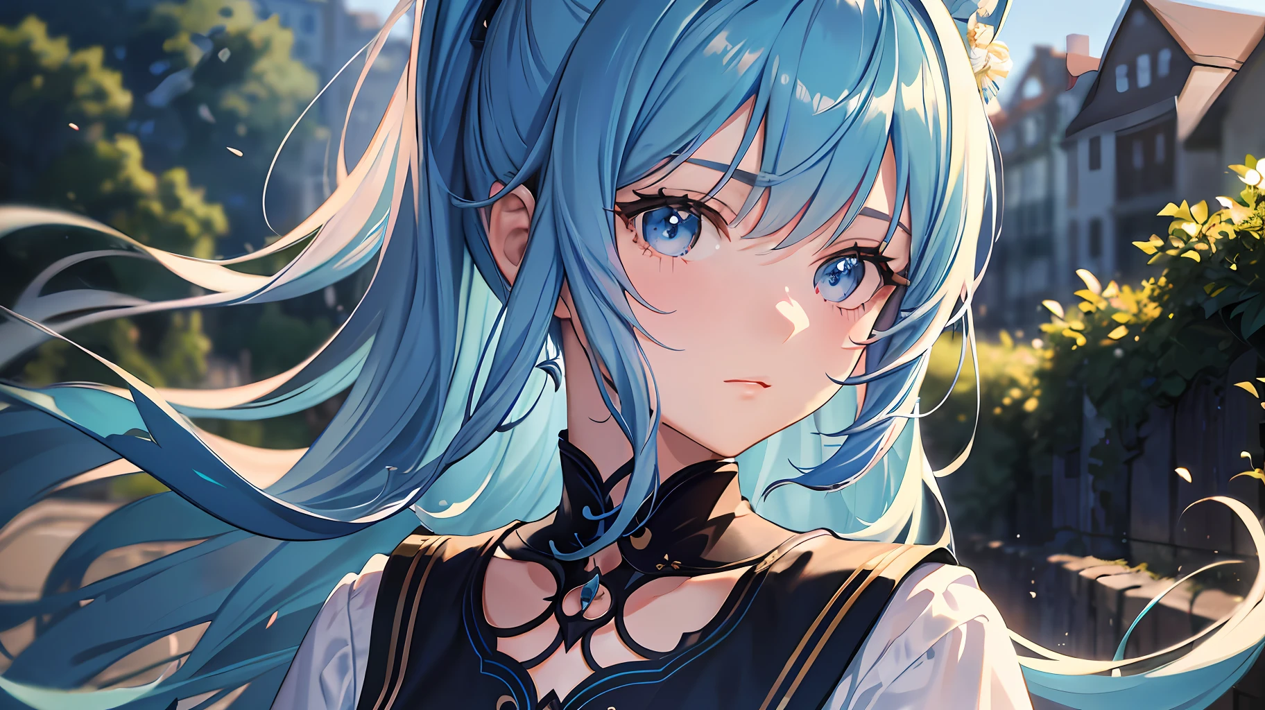 masterpiece), (best quality), (ultra detailed),(shaggy hair),(illustration), (1girl), (fashionable clothes), standing, model, looking at the viewer, (interview), (simple background), beautiful detailed eyes, beautiful and delicate face, floating, (high saturation), (colorful splashes), (bright), focus on face, ponytail, kamisato ayaka, light blue hair, bangs, hair ring, floating hair, (bright), better lighting, better shadow, cozy landscape