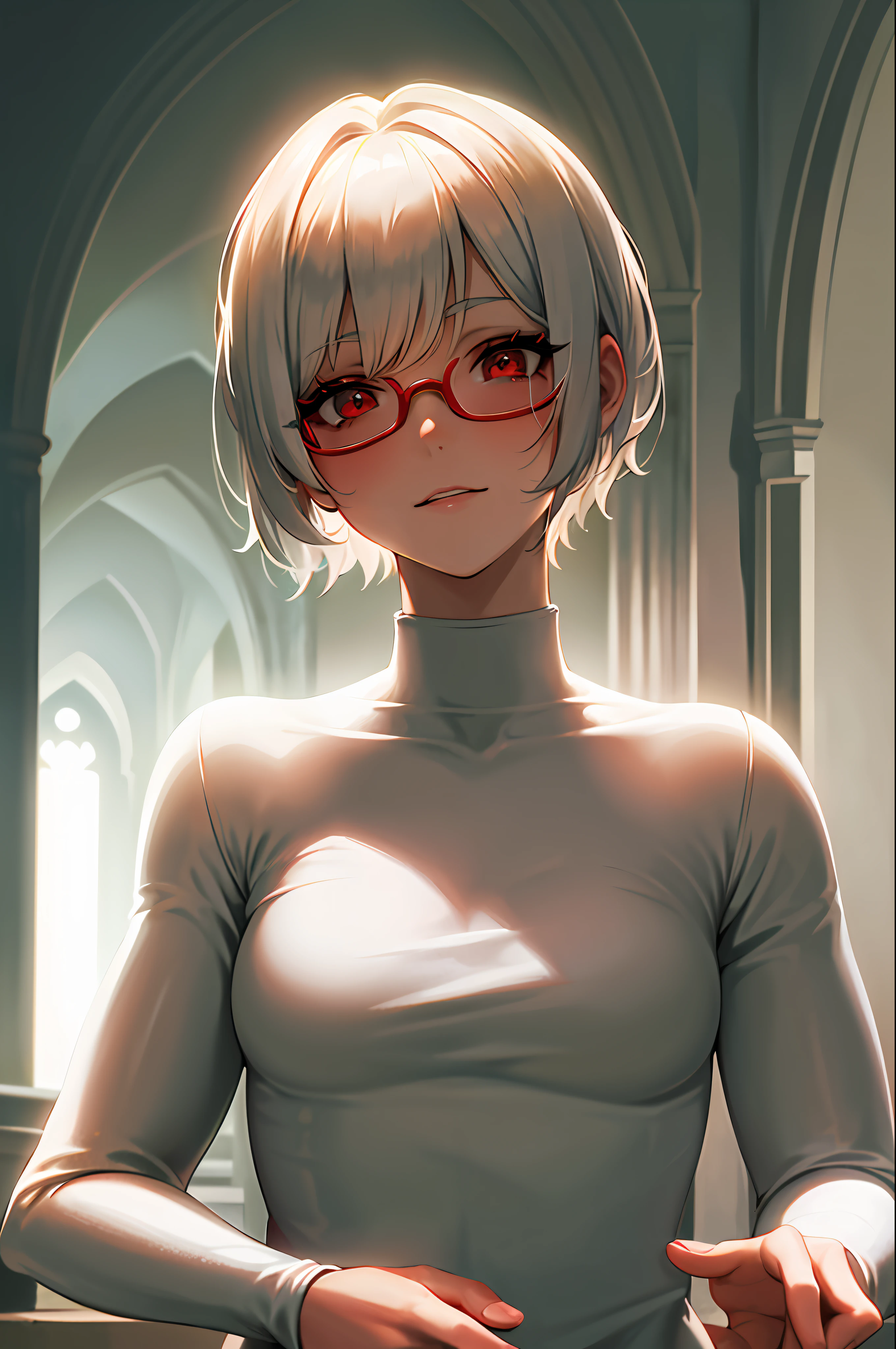masterpiece , a girl, in castle, ( lite white short hair:1.2), (red eyes:1.2) , (8k, best quality 1.2), ultra-detailed, 8k uhd, soft lighting, high quality, film grain, beautiful lighting, cinematic ,perfect body , best illumination, best shadow, sharpness, contrast, red glasses, absurdres high detailed face, demon king