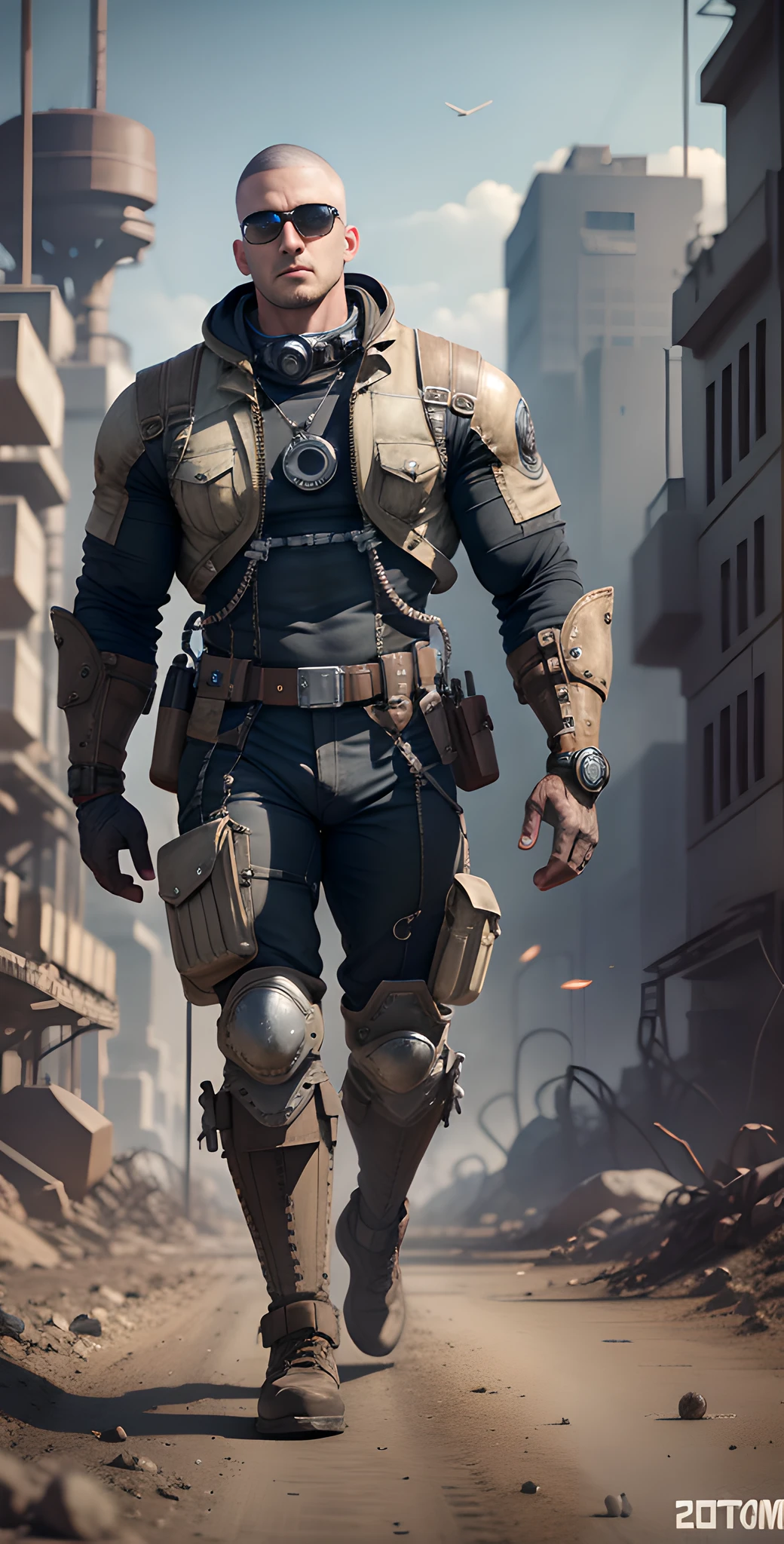 Male on the Wasteland, tall and burly, pure white tights, big muscles, big bumps, Buzz cut, black sunglasses, black military boots, buzz cut, steampunk style, steampunk art, complex mechanical devices such as gears, pipes, valves, (huge industrial building: 1.4), gray theme, retro futurism, crazy details, (Fujiflim XT3), 20 megapixels, detailed, cinematic particles,