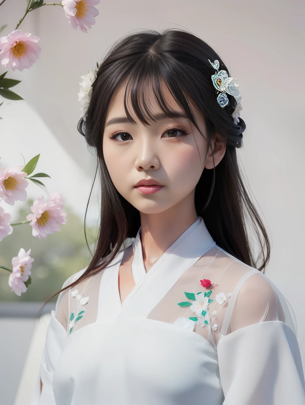 arafed asian woman in a white dress with flowers in her hair, white hanfu, palace ， a girl in hanfu, artwork in the style of guweiz, guweiz, hanfu, chinese girl, korean girl, beautiful south korean woman, guweiz on pixiv artstation, by Leng Mei, lovely delicate face