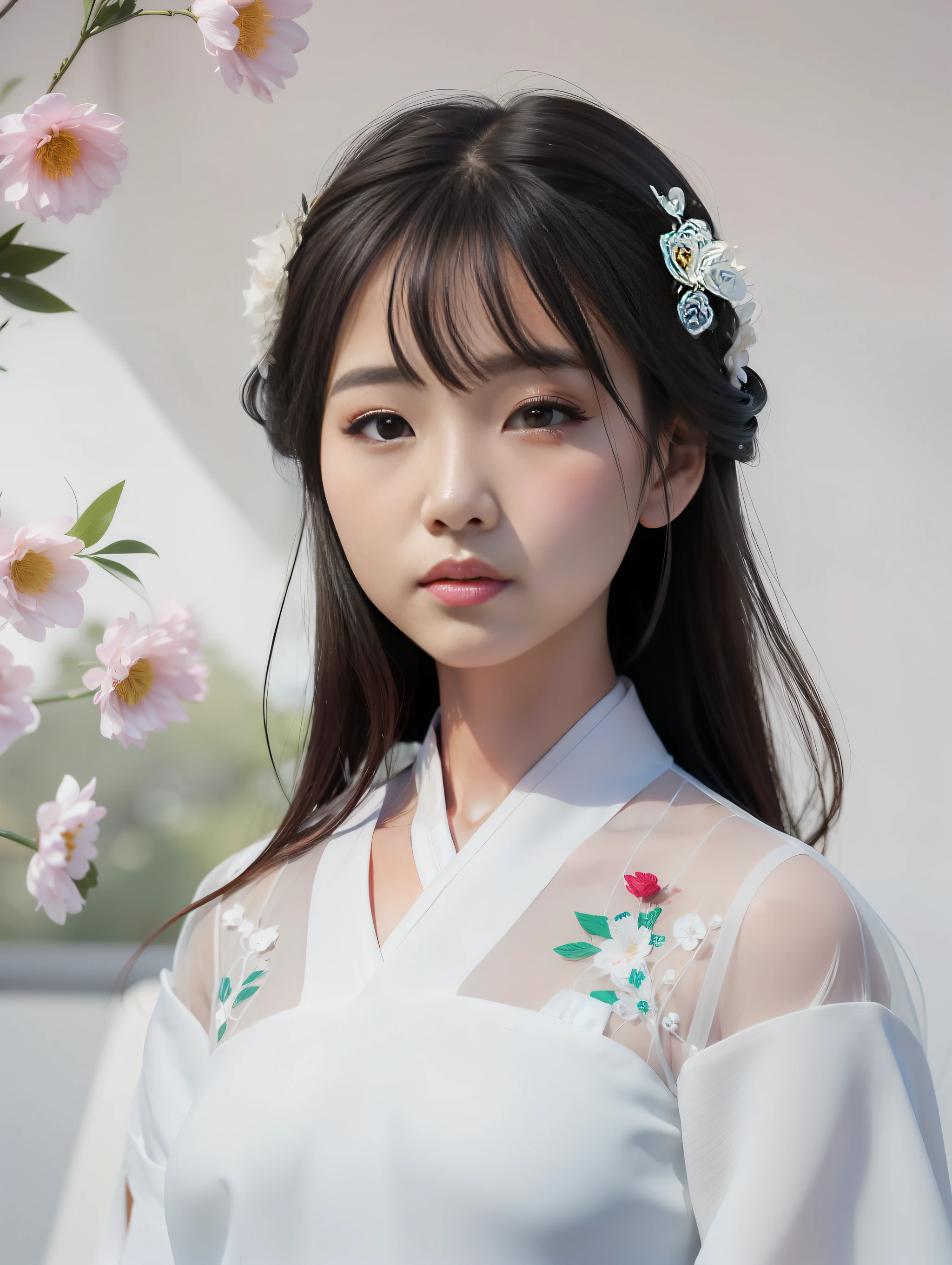 arafed asian woman in a white dress with flowers in her hair, white hanfu, palace , a girl in hanfu, artwork in the style of guweiz, guweiz, hanfu, chinese girl, korean girl, beautiful south korean woman, guweiz on pixiv artstation, by Leng Mei, lovely delicate face