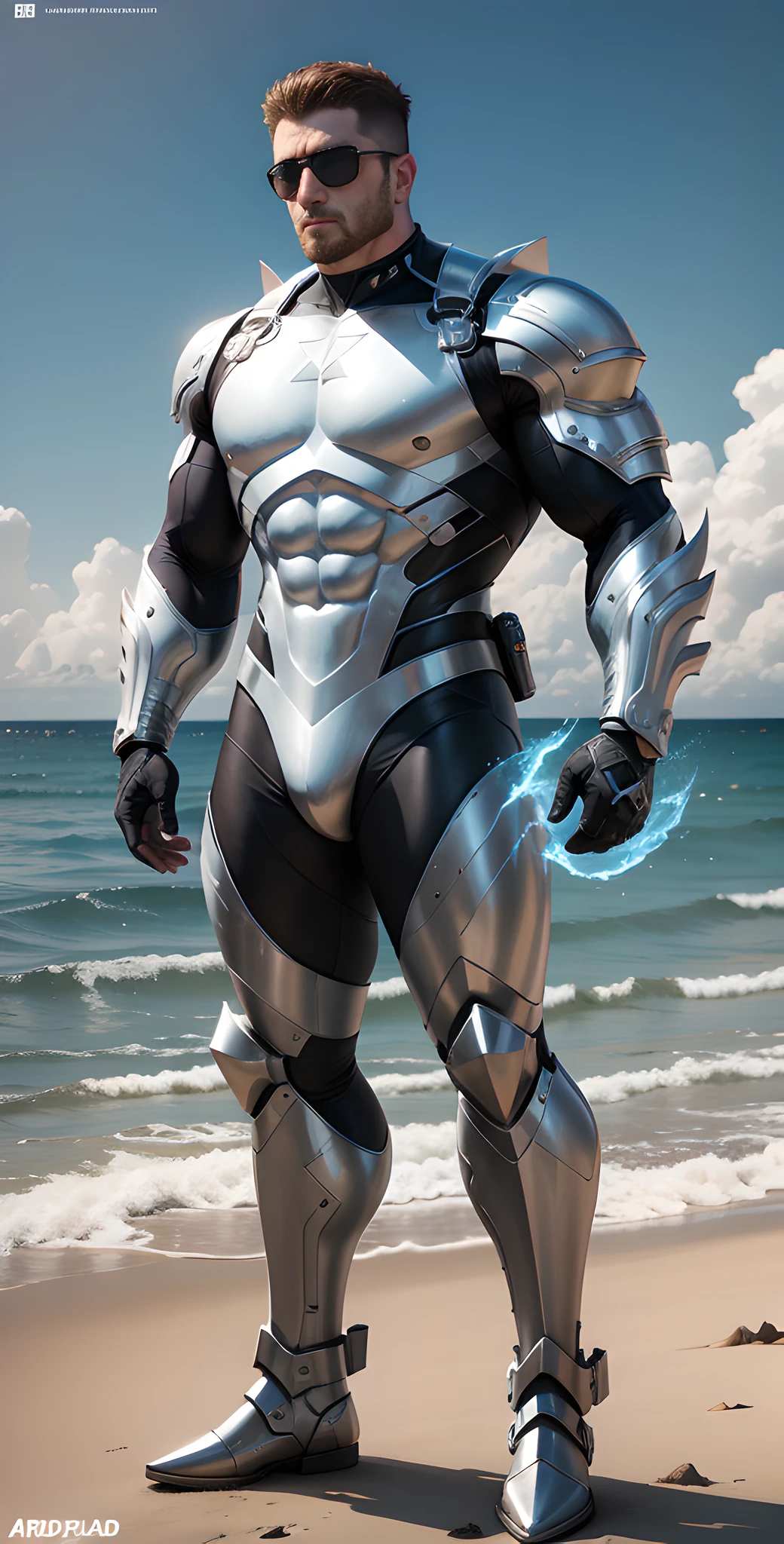 Arad man in white and blue clothes standing by the sunny sea, muscular male hero, conceptual art like Ernest Khalimov, heroic male pose, muscular! Wearing black sunglasses, round head Buzz Cut, cyberpunk, stealth suit, super buff and cool, high resolution committee, Chris Redfield, Jigachard muscle, Ernest Khalimov body, character design police, black military boots, charismatic strong male with armor
