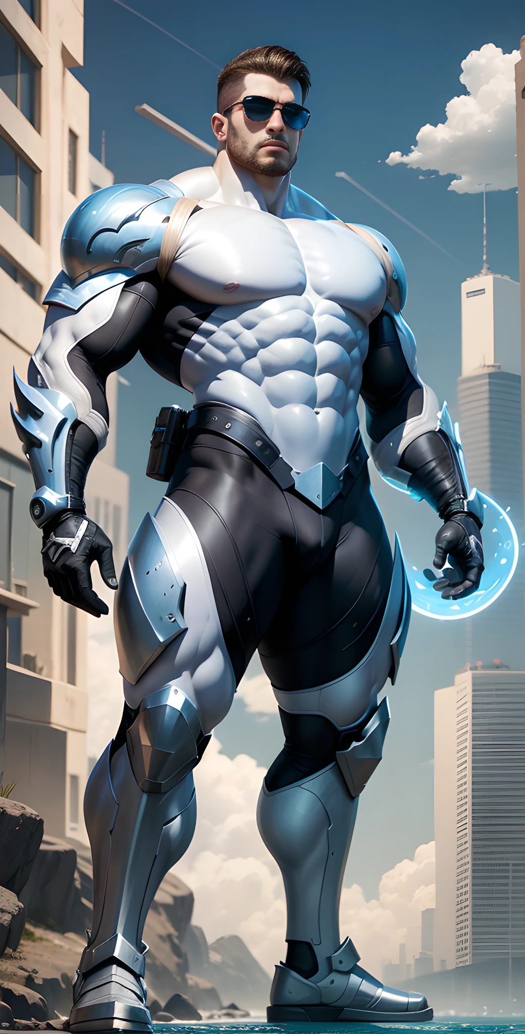 Arad man in white and blue clothes standing by the sunny sea, muscular male hero, conceptual art like Ernest Khalimov, heroic male pose, muscular! Wearing black sunglasses, round head Buzz Cut, cyberpunk, stealth suit, super buff and cool, high resolution committee, Chris Redfield, Jigachard muscle, Ernest Khalimov body, character design police, black military boots, charismatic strong male with armor